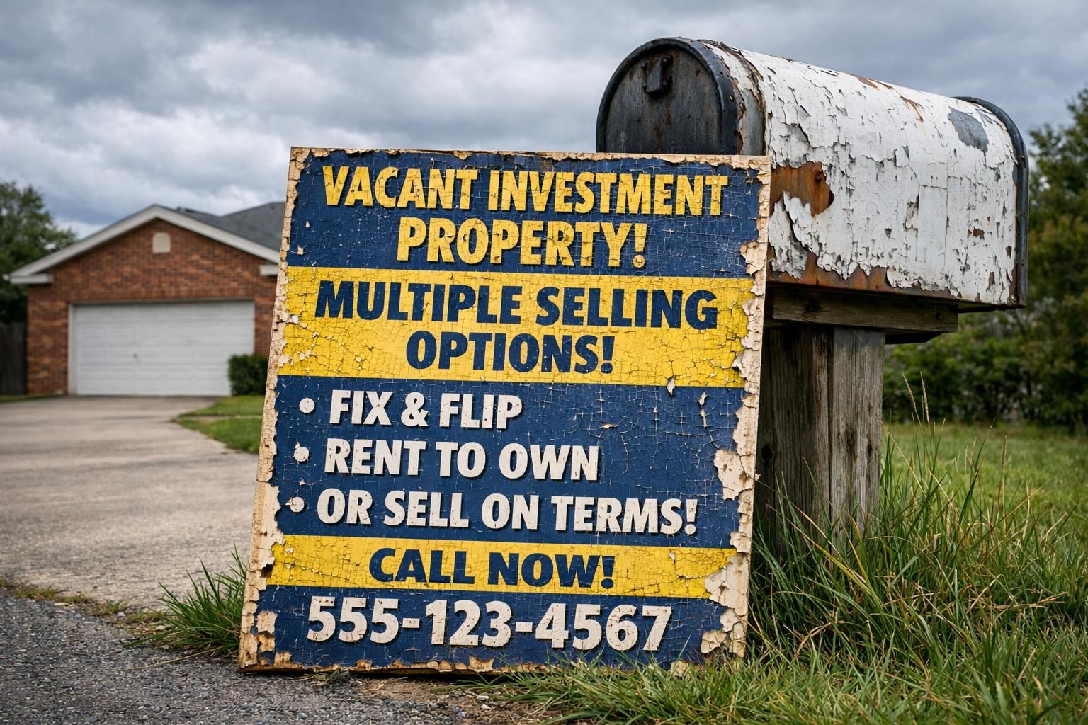 Weathered real estate sign beside a neglected mailbox and overgrown grass.