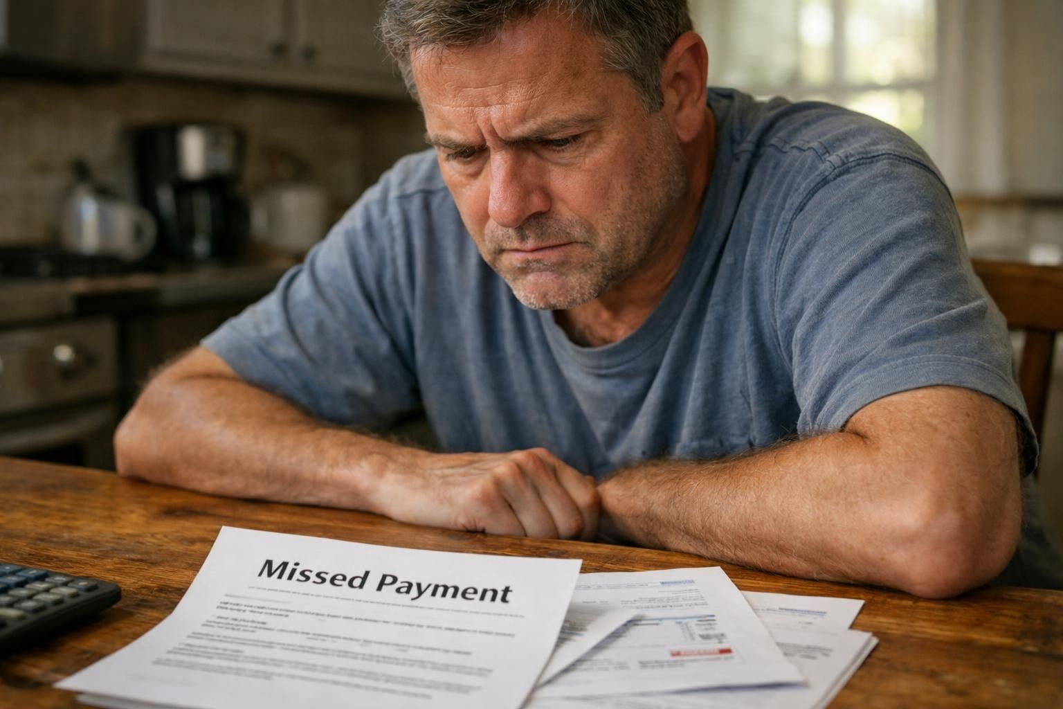 A worried man examines financial documents at a worn kitchen table.