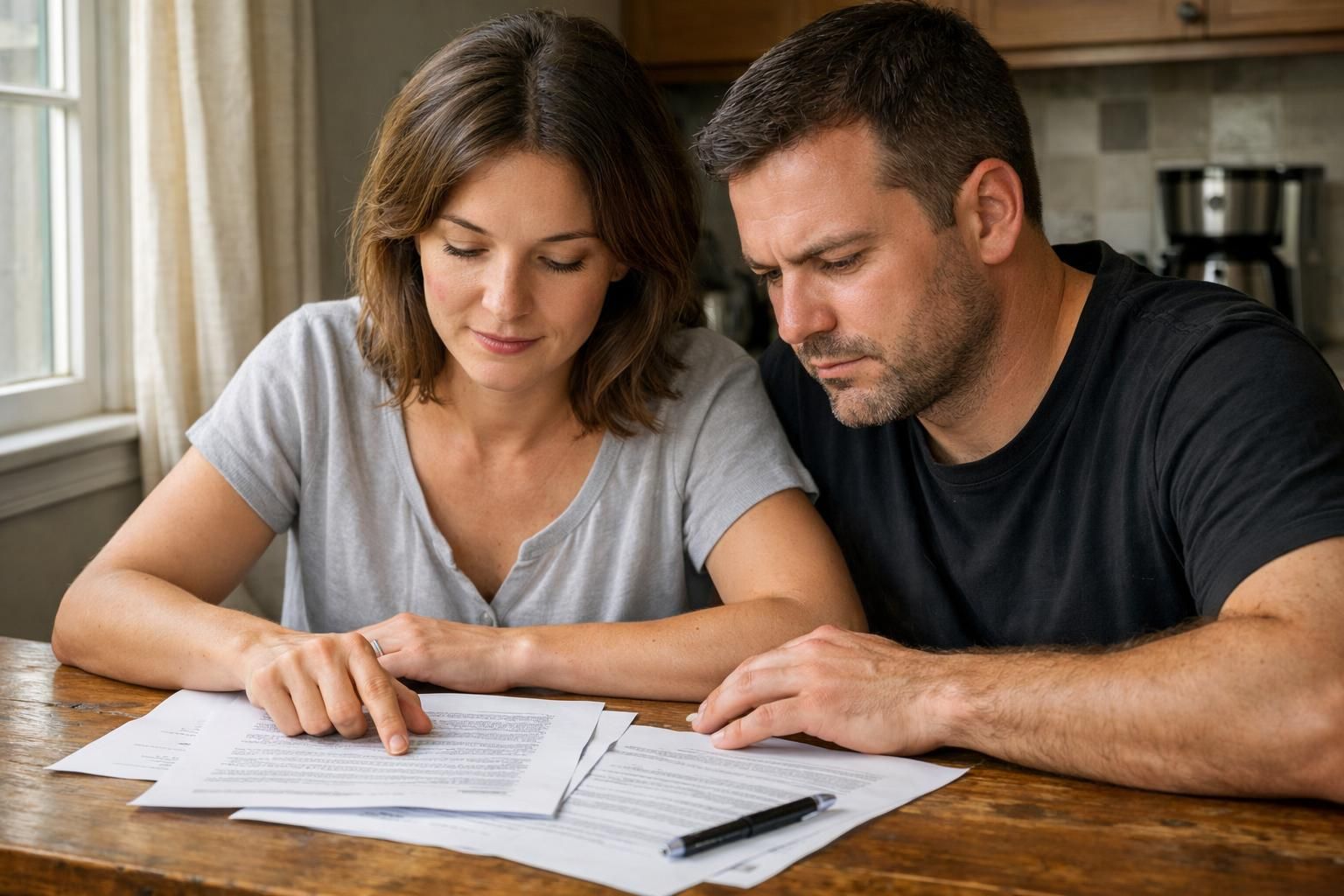 A couple reviews documents together at a worn wooden kitchen table.