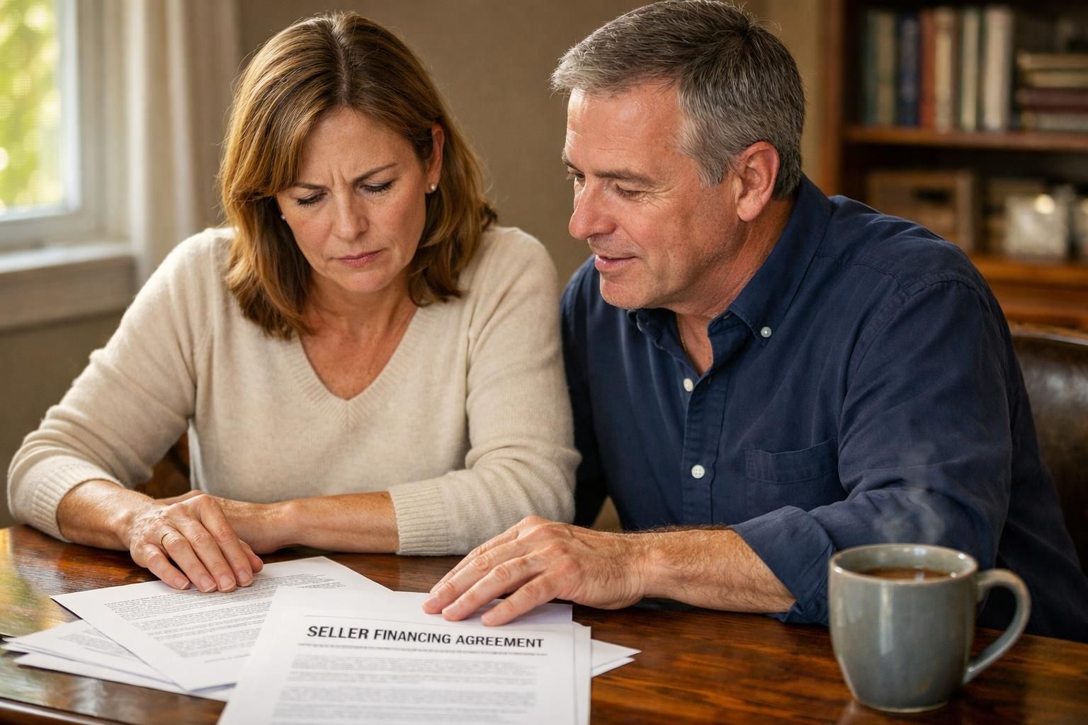 A couple discusses seller financing options in a home office.