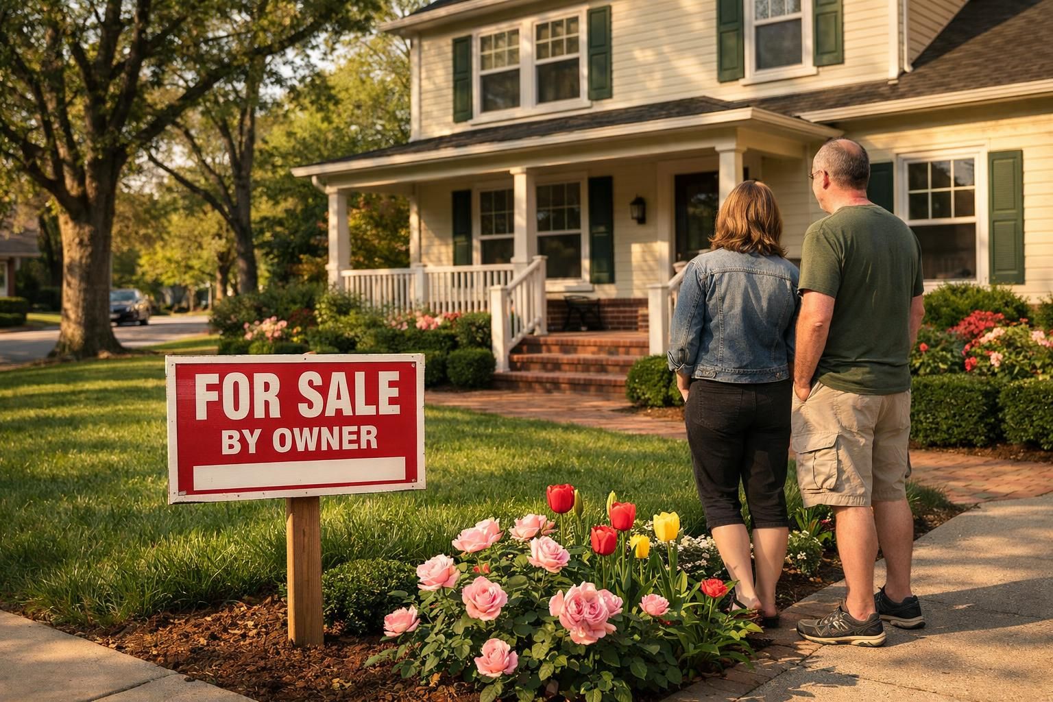 A charming suburban house with lush landscaping and a 'For Sale' sign.