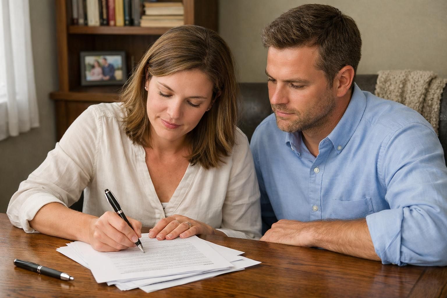 A focused couple signs legal documents in a cozy home office.