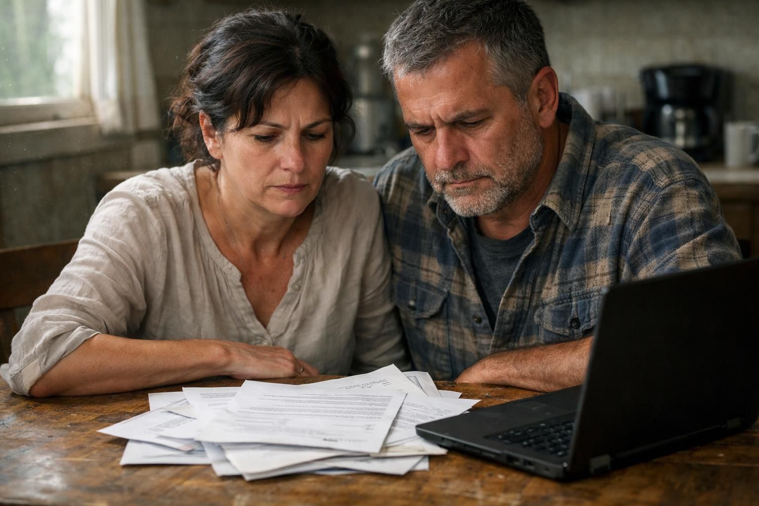 A couple reviews important documents at a cluttered kitchen table.