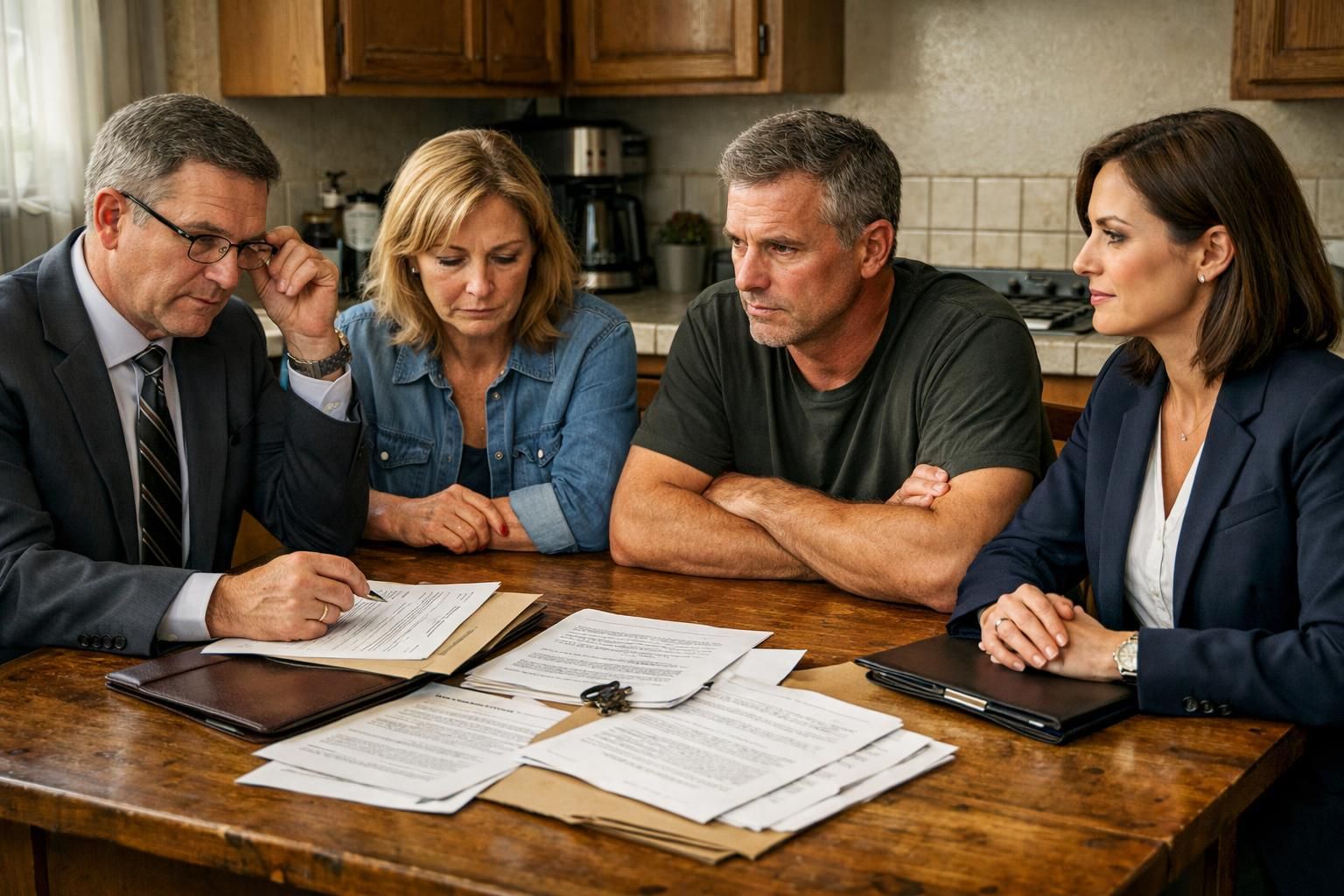 A couple faces tension during a divorce negotiation at home.