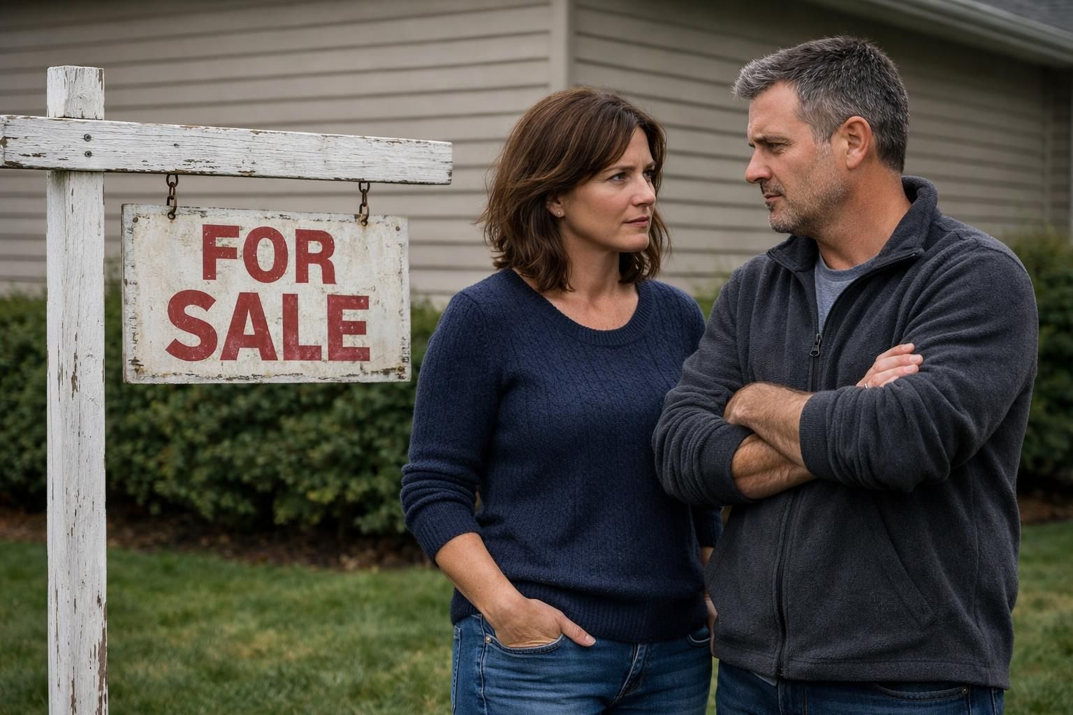 A couple stands somberly by a 'For Sale' sign amid tension.
