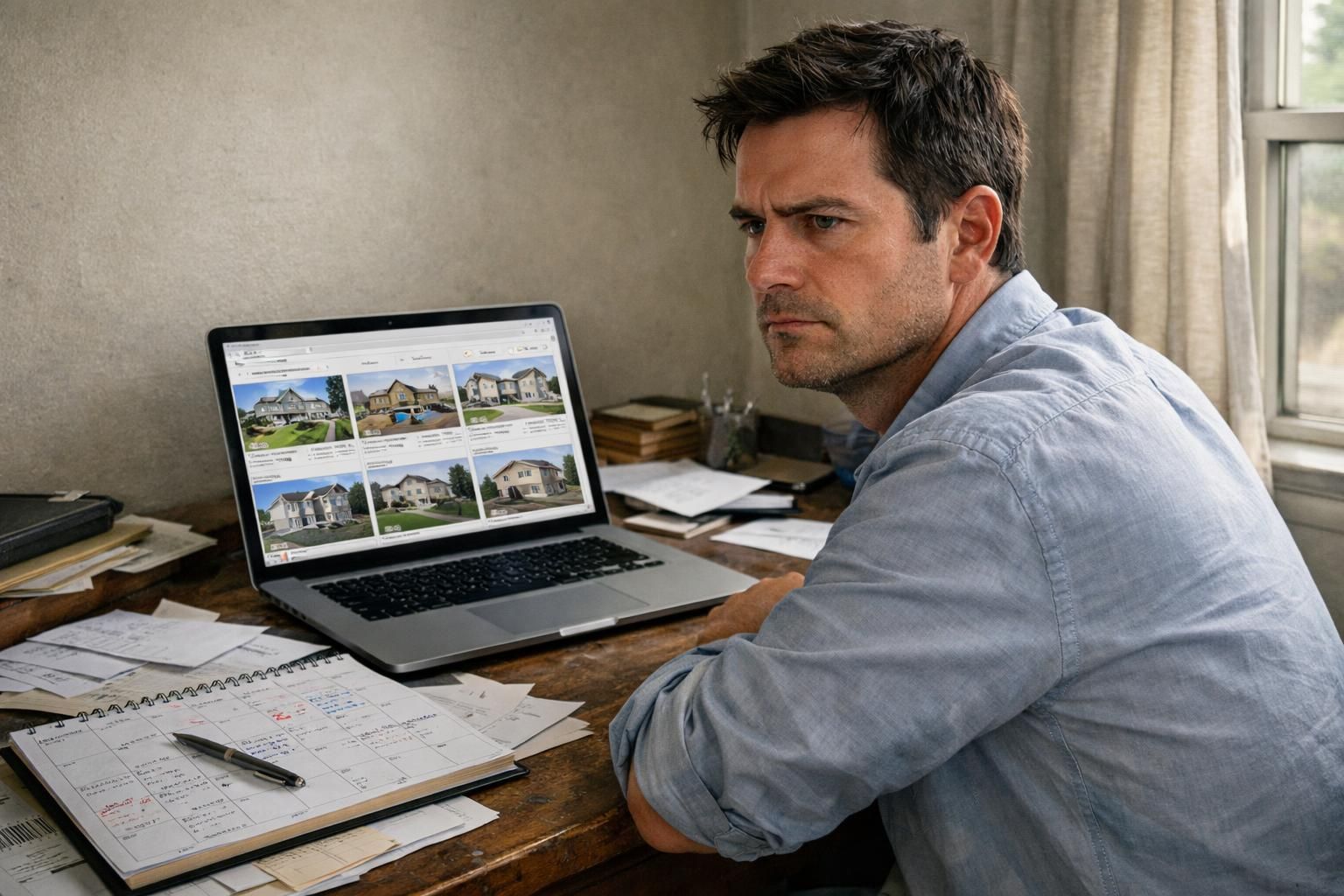 A man struggles with real estate tasks at his cluttered desk.