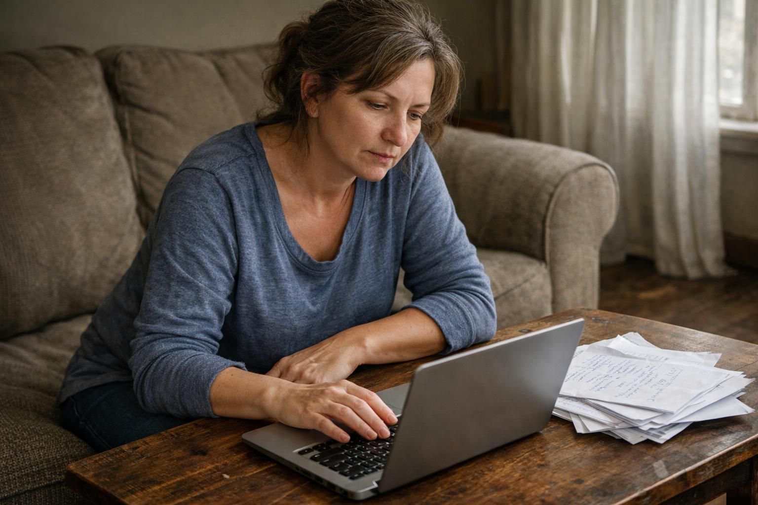 A middle-aged woman reflects deeply while seated on a worn couch.