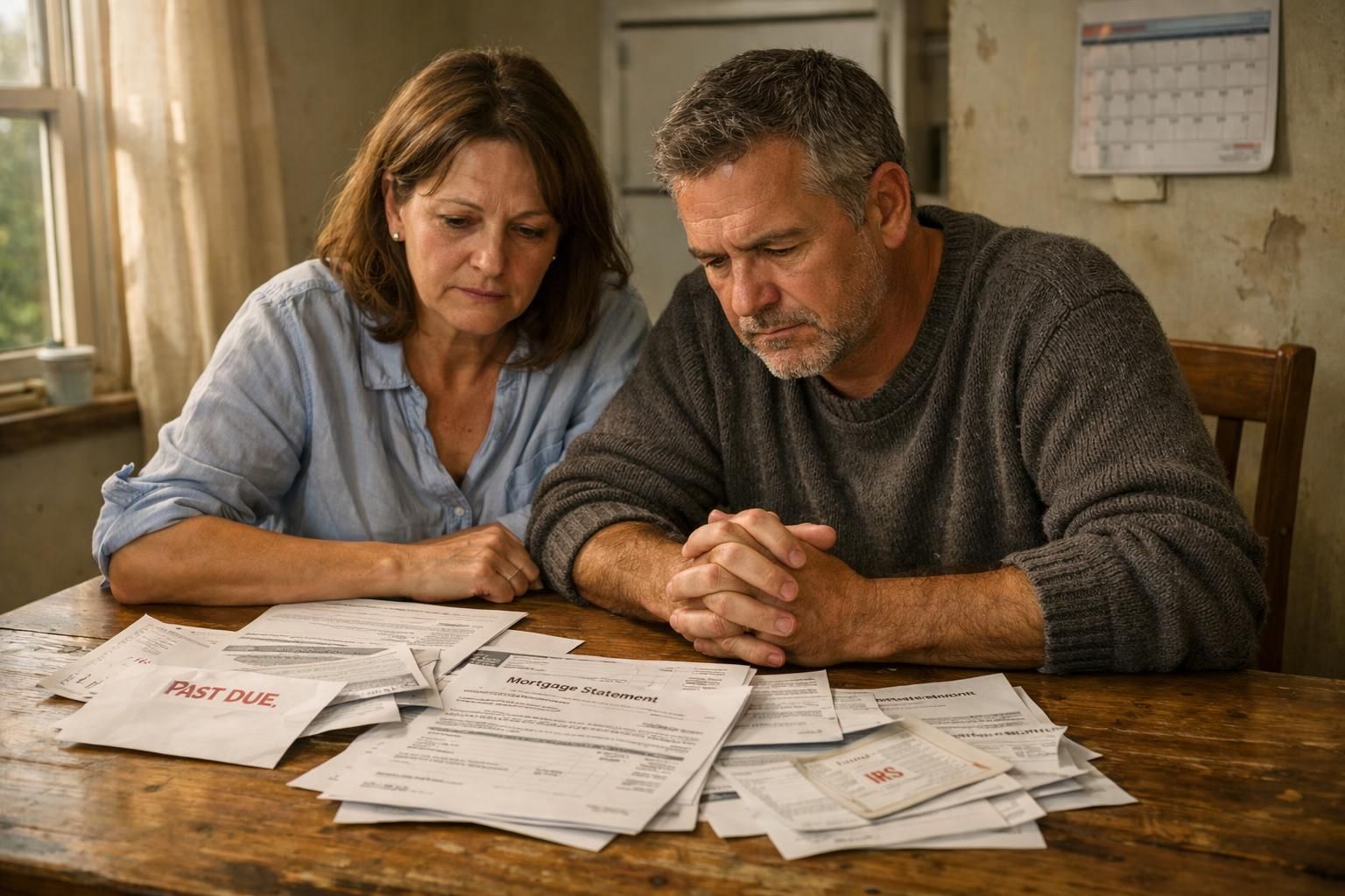 A couple examines financial documents during their divorce at home. A couple examines financial documents during their divorce at home.