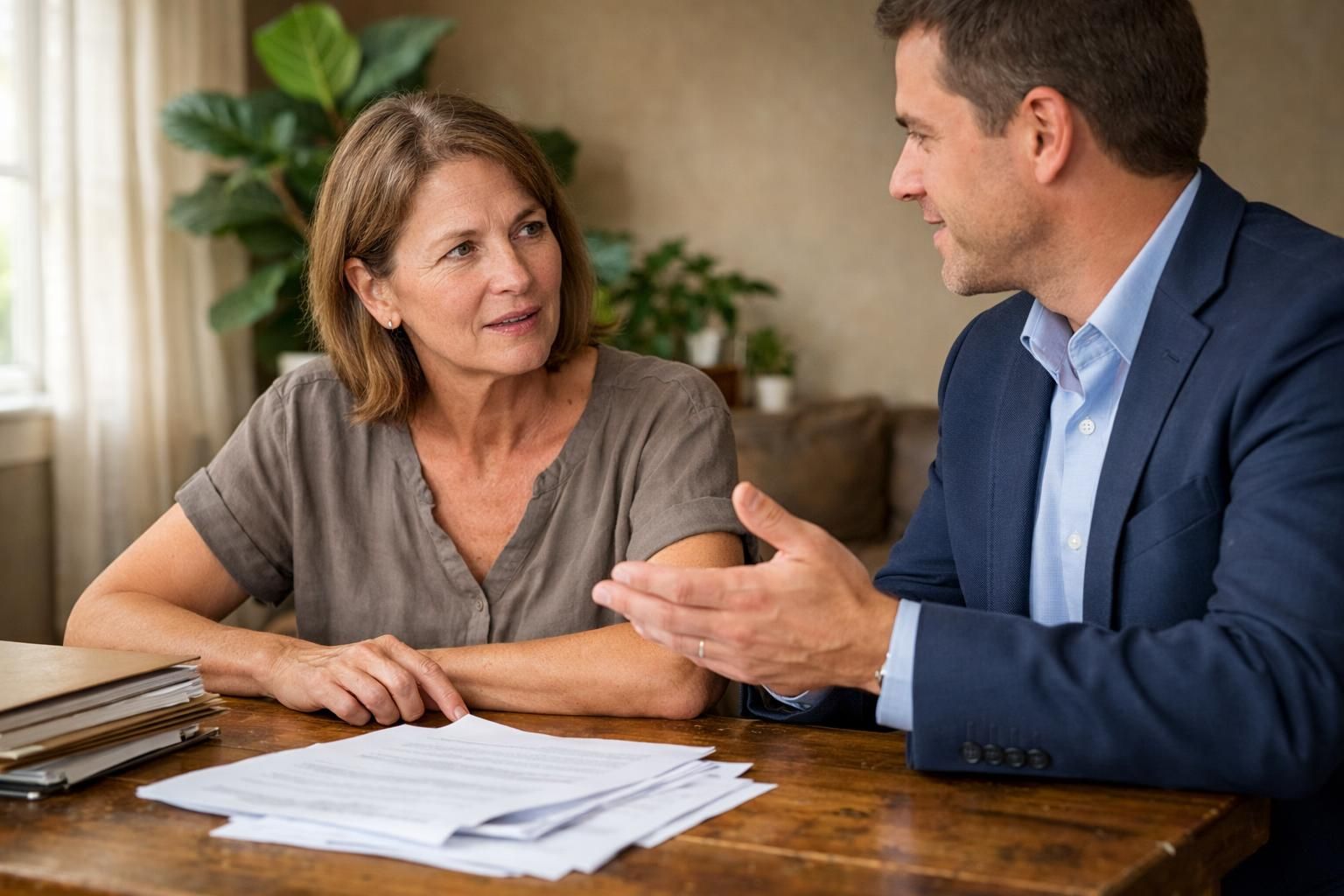 A woman consults a real estate agent at her desk. A woman consults a real estate agent at her desk.