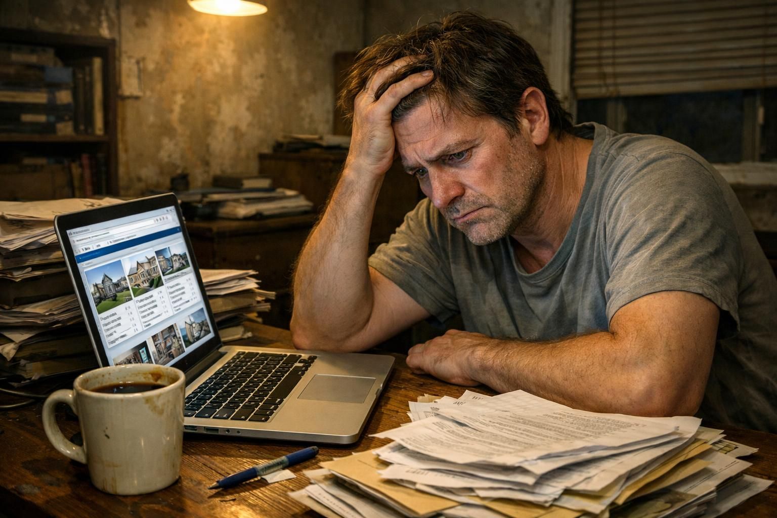 A tired middle-aged person struggles with real estate paperwork at a cluttered desk. A tired middle-aged person struggles with real estate paperwork at a cluttered desk.