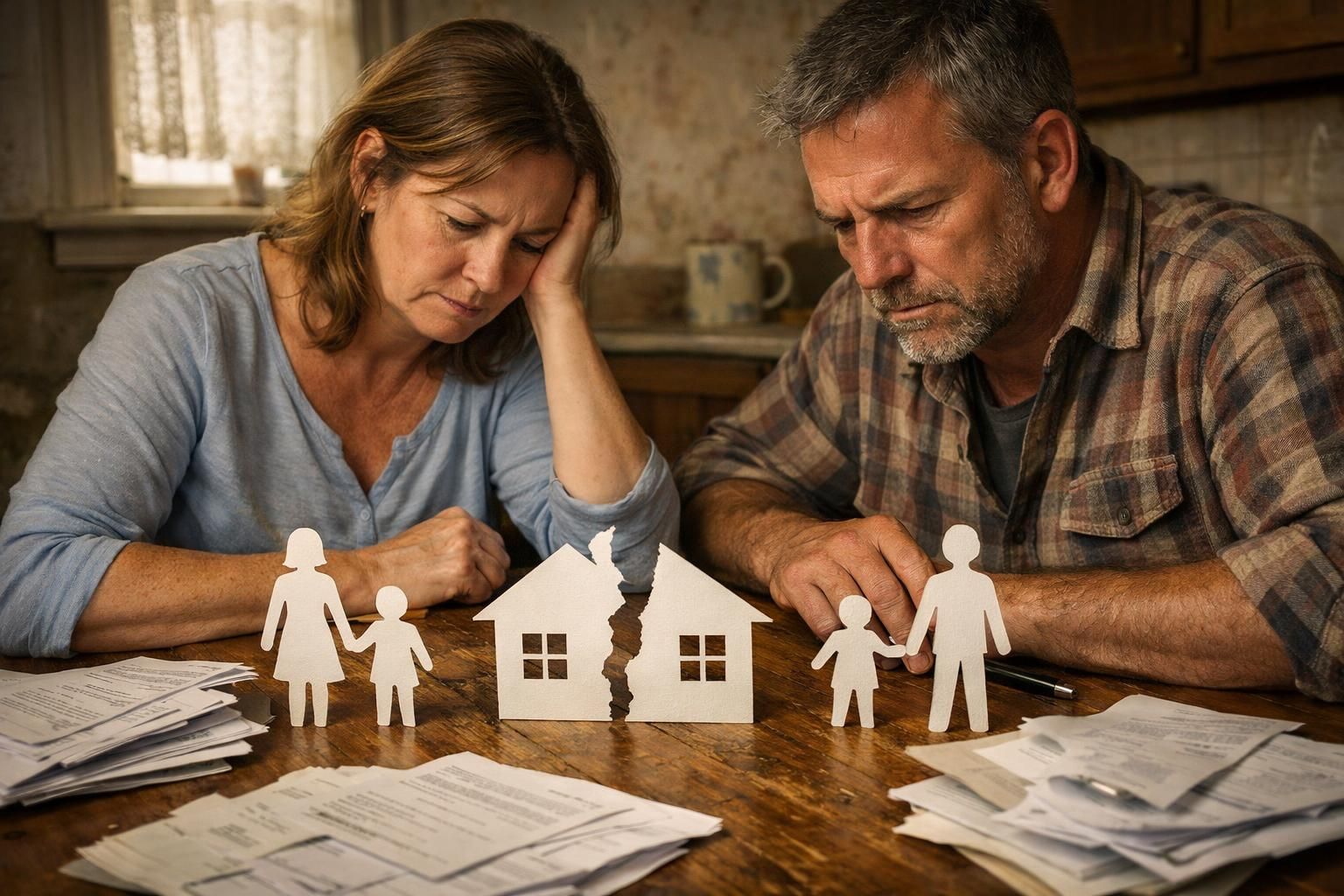 A distressed couple reviews legal documents amid divorce proceedings at home. A distressed couple reviews legal documents amid divorce proceedings at home.