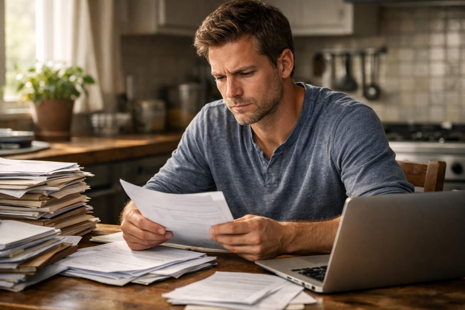 A focused individual works diligently at a cluttered kitchen table. A focused individual works diligently at a cluttered kitchen table.