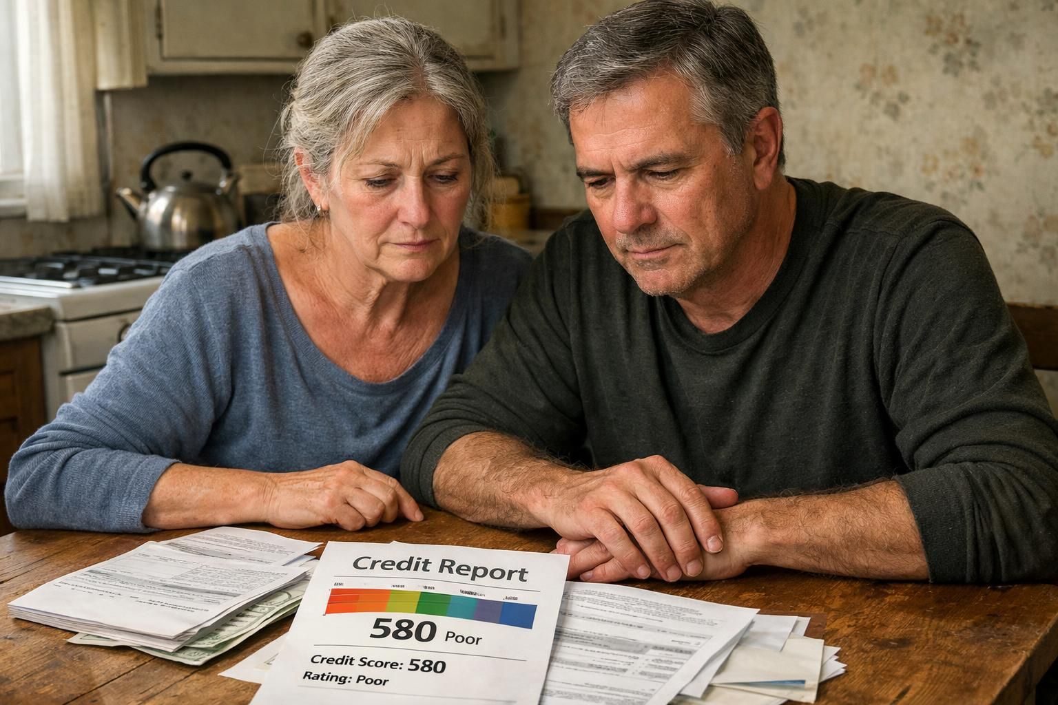 An older couple reviews financial documents at a kitchen table. An older couple reviews financial documents at a kitchen table.