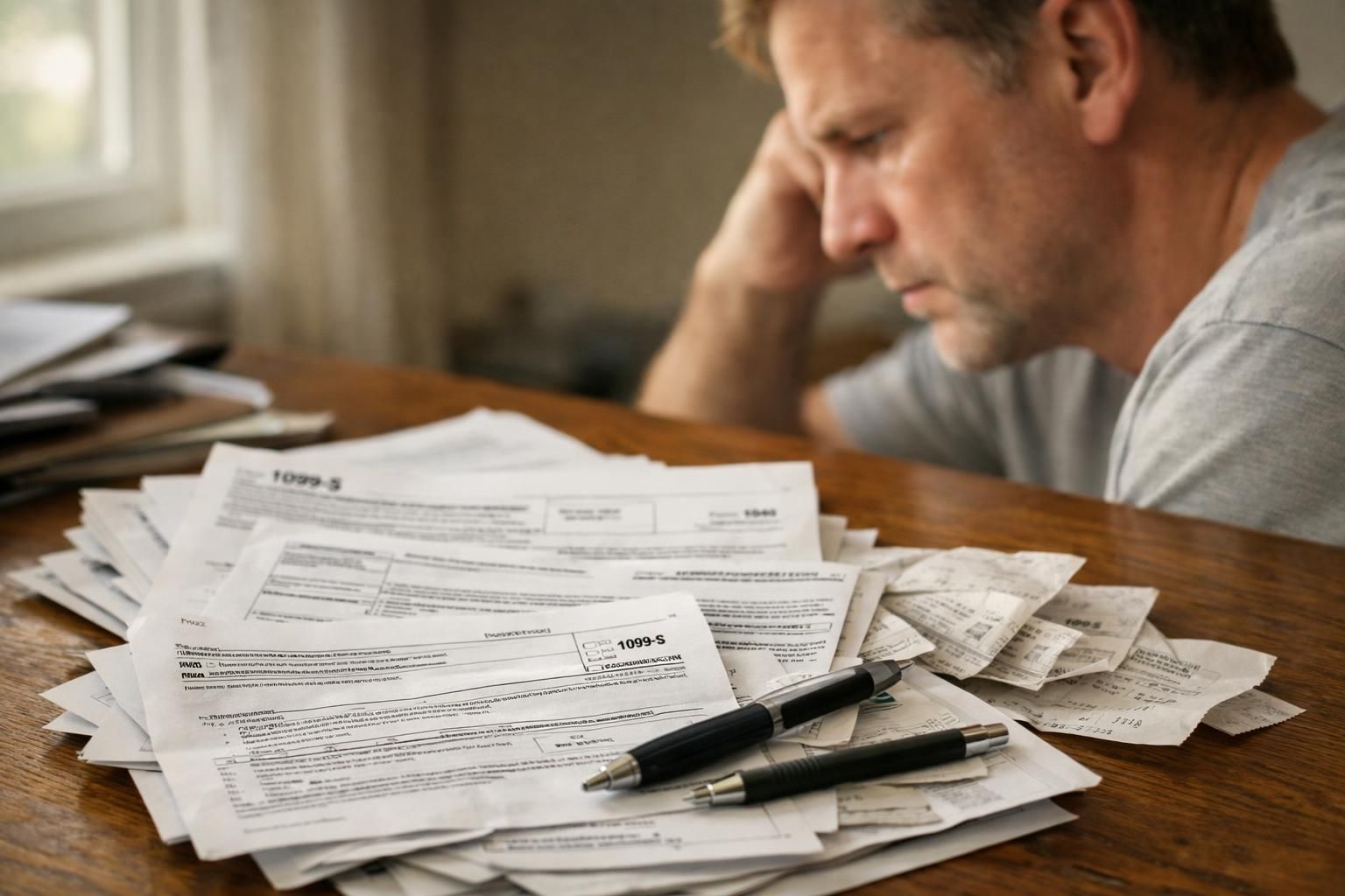 A cluttered desk filled with tax documents and a focused individual. A cluttered desk filled with tax documents and a focused individual.