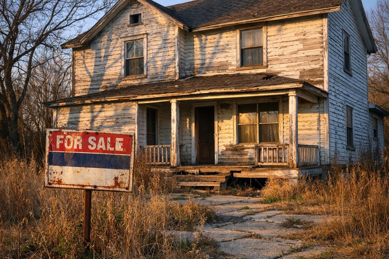 Weathered, neglected wooden house with a dilapidated front yard for sale. Weathered, neglected wooden house with a dilapidated front yard for sale.