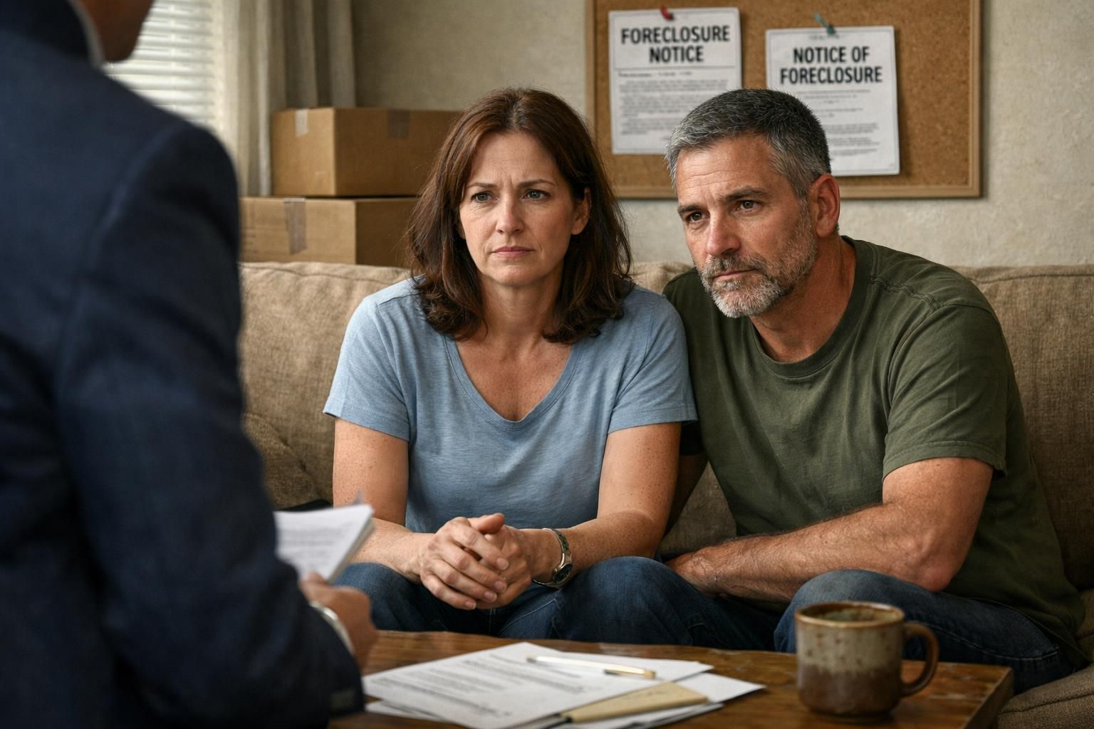 A middle-aged couple sits anxiously on a worn sofa amidst moving clutter. A middle-aged couple sits anxiously on a worn sofa amidst moving clutter.