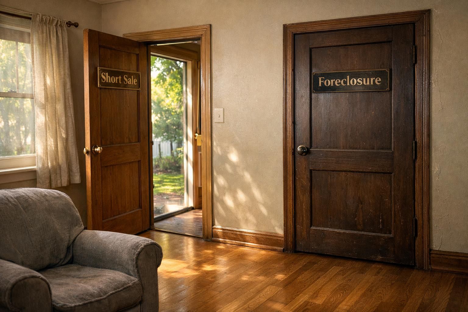 A living room with contrasting doors labeled 'Short Sale' and 'Foreclosure.'