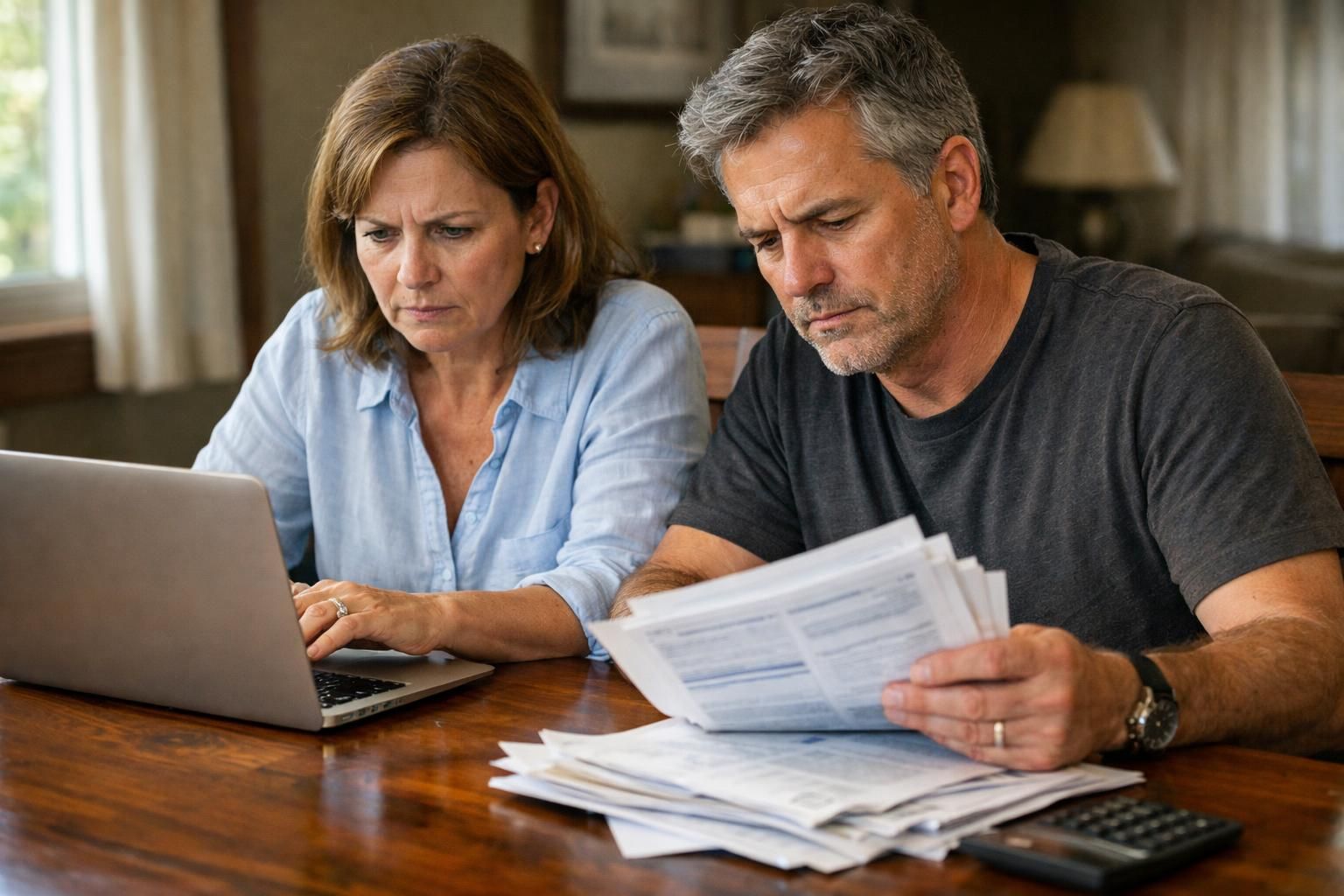 A couple examines financial documents, showing concern over a short sale.