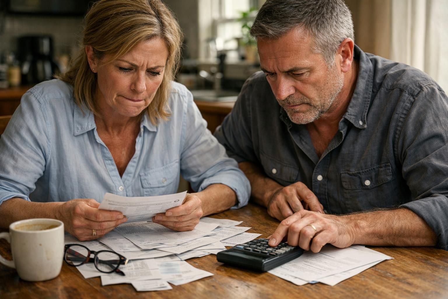 A couple examines bills and paperwork, reflecting financial stress and concern.