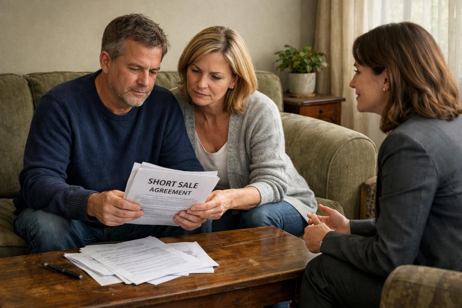 A couple discusses paperwork with a real estate agent in their living room.