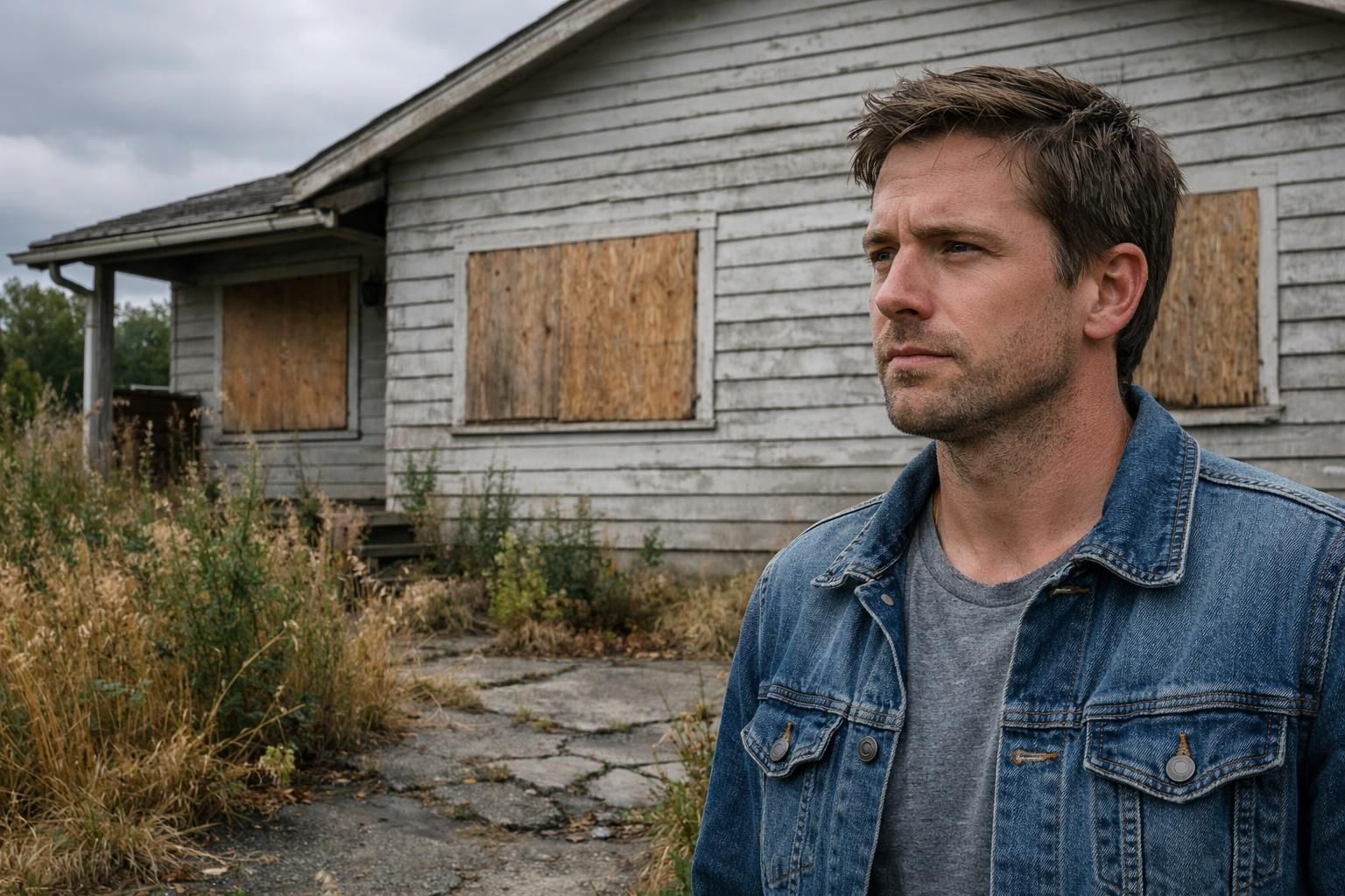 A neglected suburban house surrounded by overgrown weeds and weathered features.