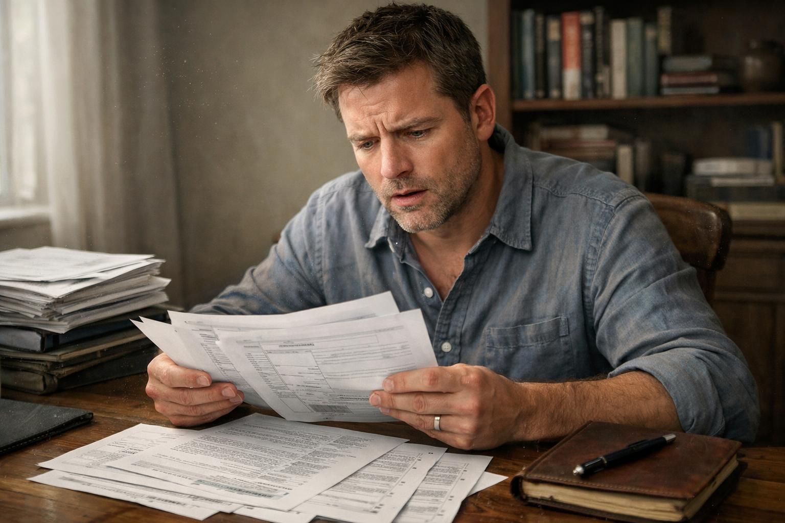 A man studies property documents at his cluttered home office desk.