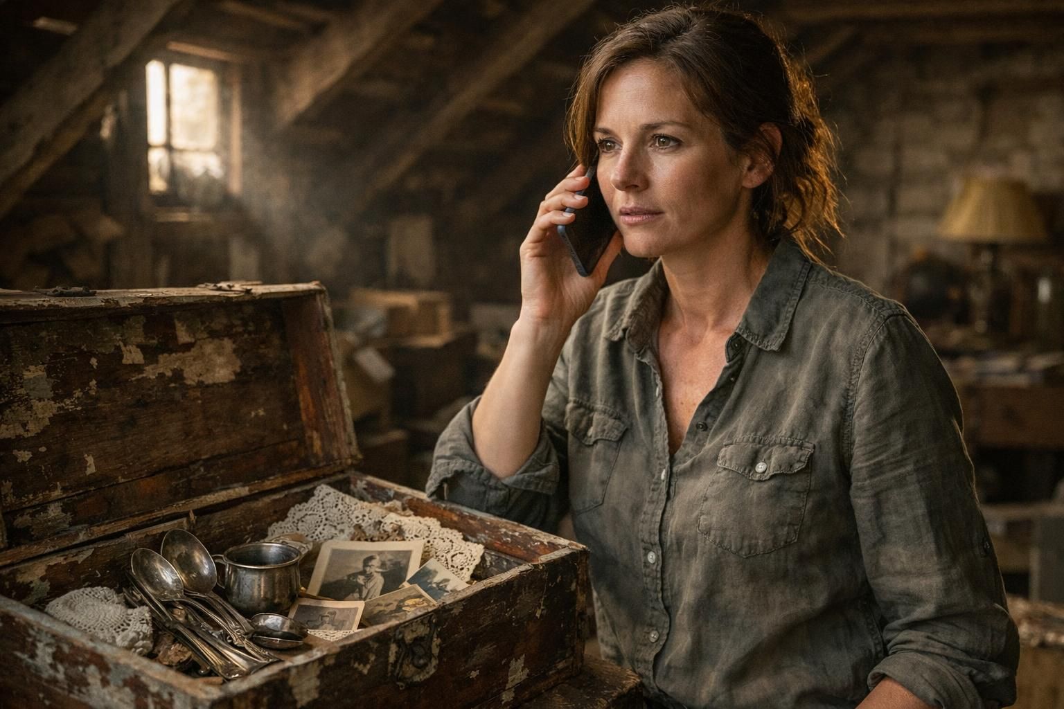 A woman contemplates inherited heirlooms in a cluttered attic.