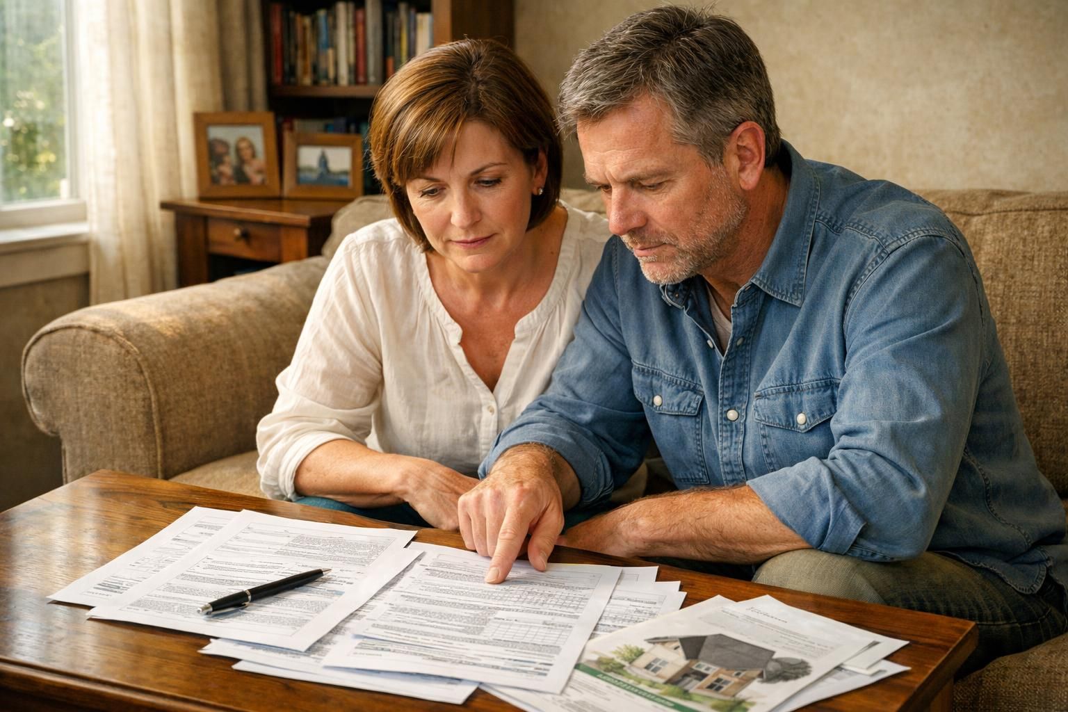 A couple reviews real estate documents, facing shared financial concerns.
