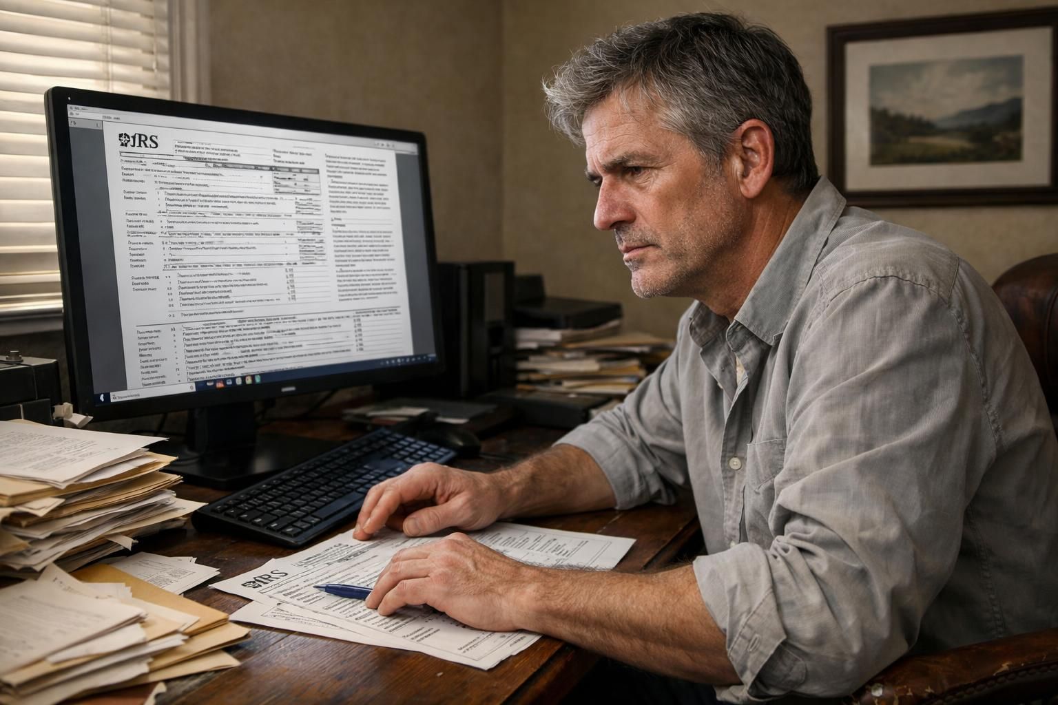 A stressed middle-aged man navigates complex tax forms at his cluttered desk.