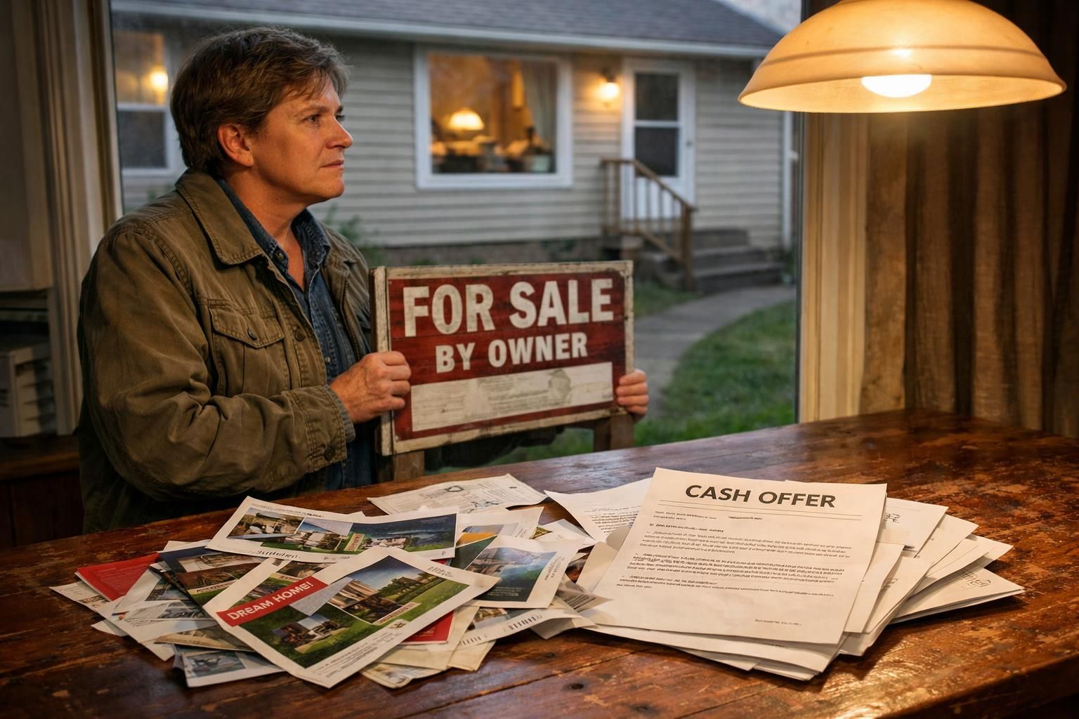 A middle-aged individual contemplates selling their home with a 'For Sale' sign. A middle-aged individual contemplates selling their home with a 'For Sale' sign.