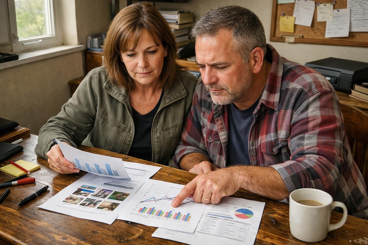 A middle-aged couple discusses real estate trends at a cluttered desk. A middle-aged couple discusses real estate trends at a cluttered desk.