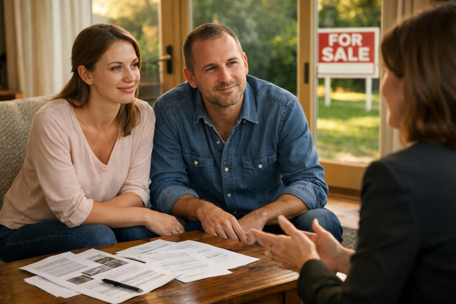 A couple discusses home buying with a real estate agent indoors. A couple discusses home buying with a real estate agent indoors.