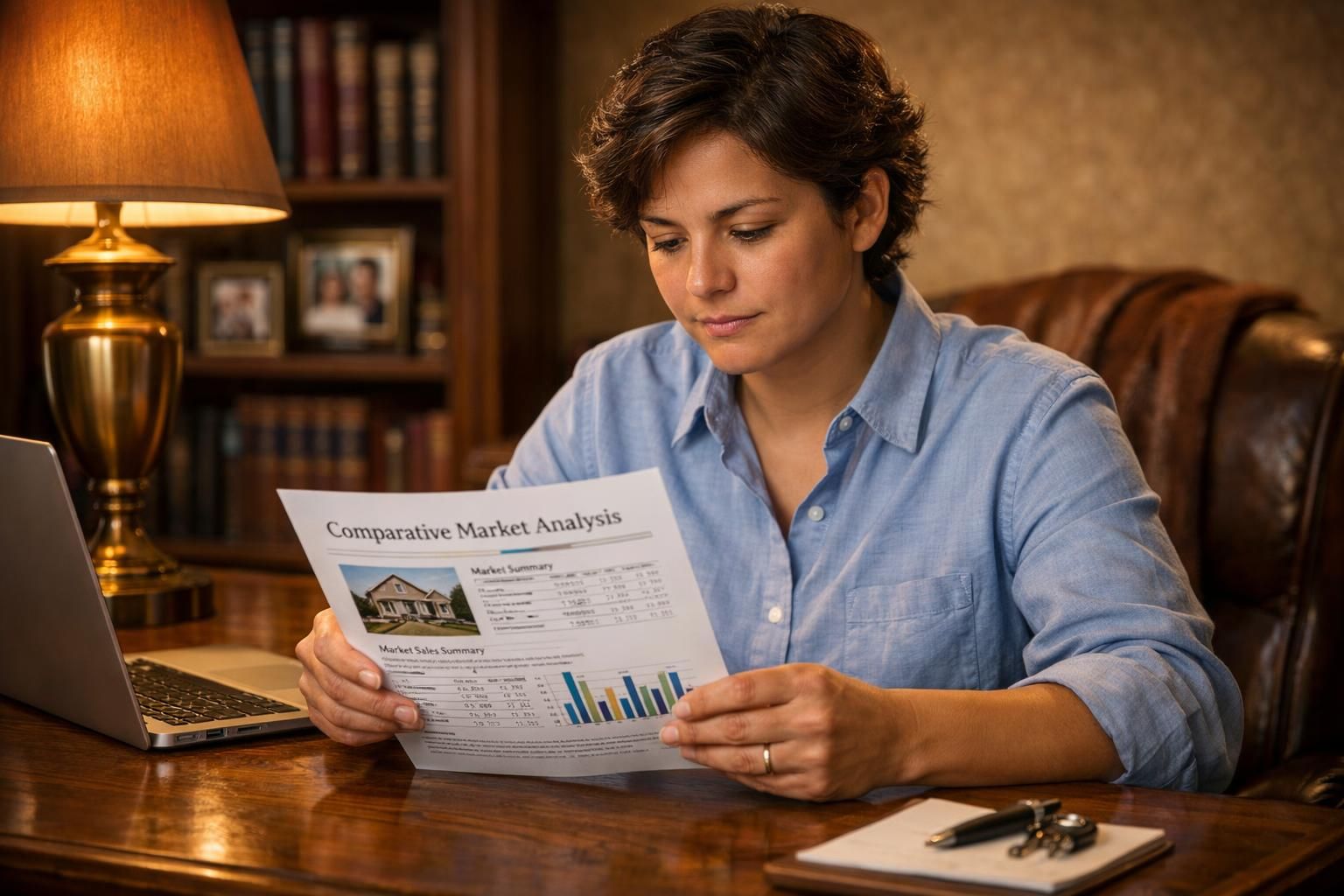 A real estate agent reviews a market analysis in a cozy office. A real estate agent reviews a market analysis in a cozy office.