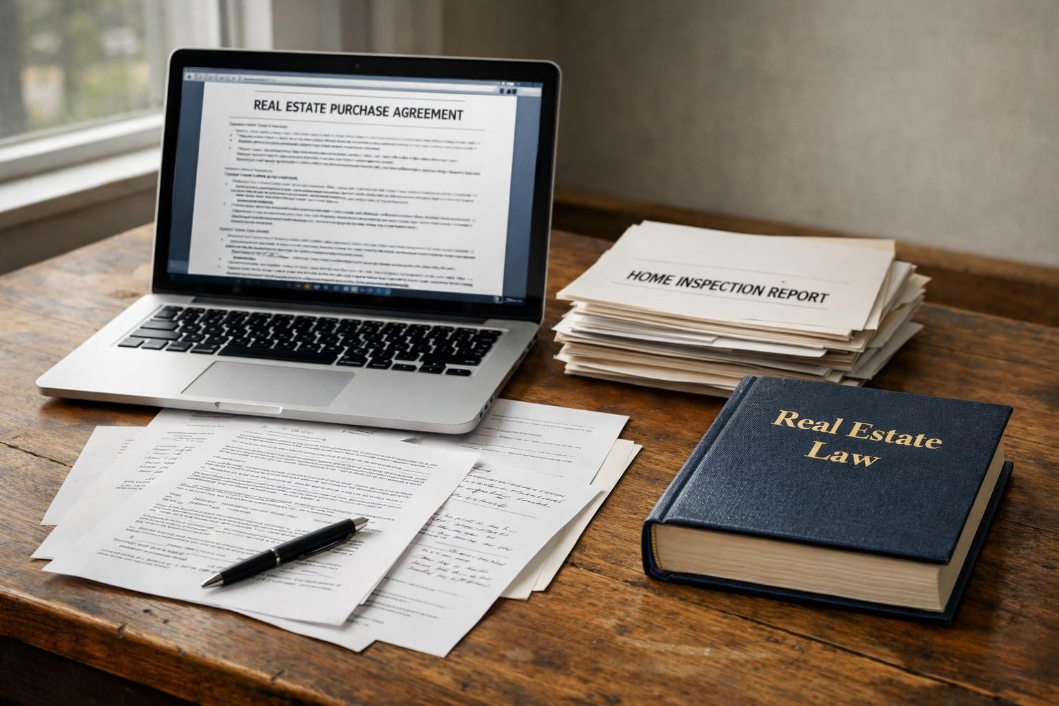 A well-used desk displays real estate documents and a laptop. A well-used desk displays real estate documents and a laptop.
