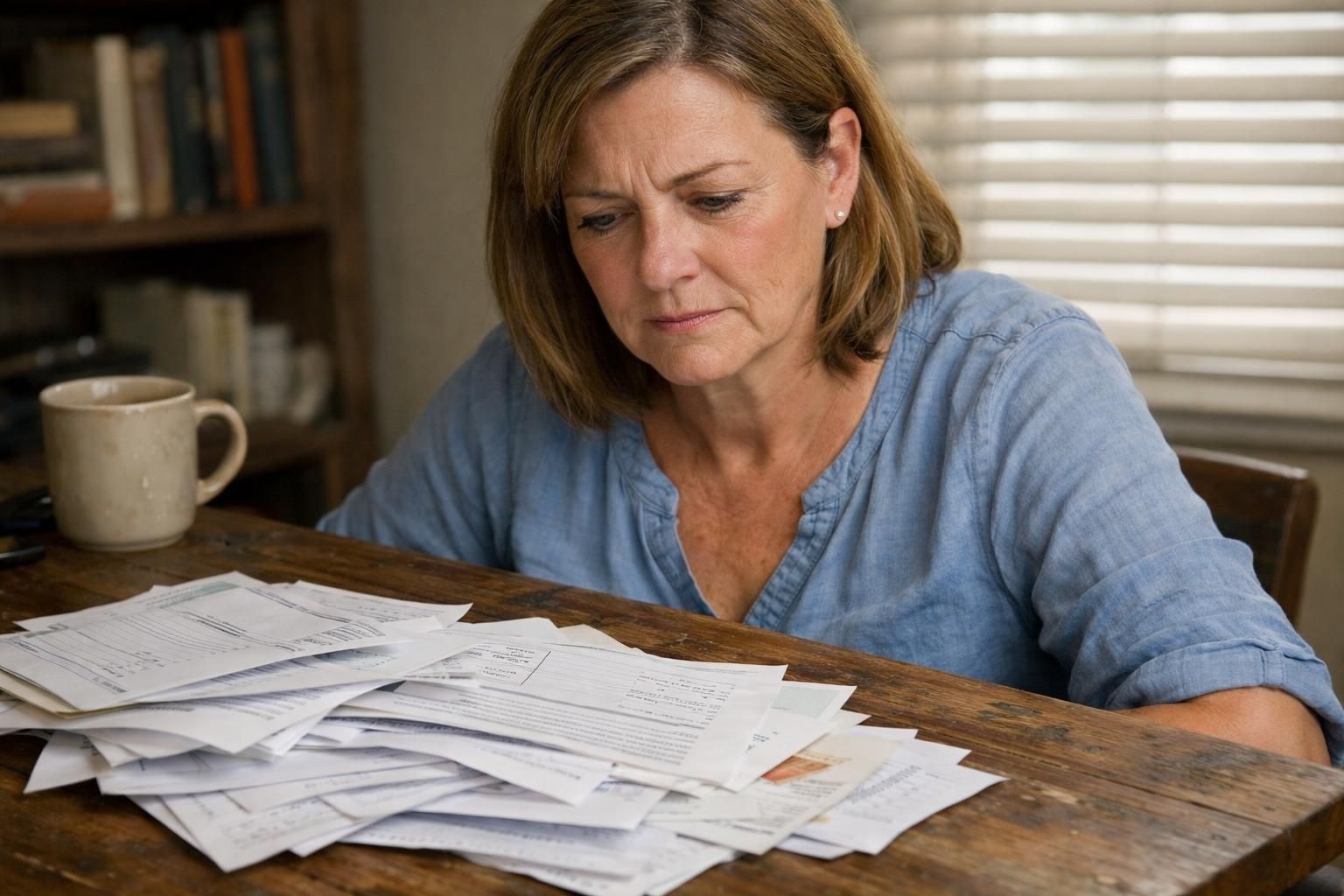 A middle-aged woman reviews financial documents at a worn wooden desk. A middle-aged woman reviews financial documents at a worn wooden desk.