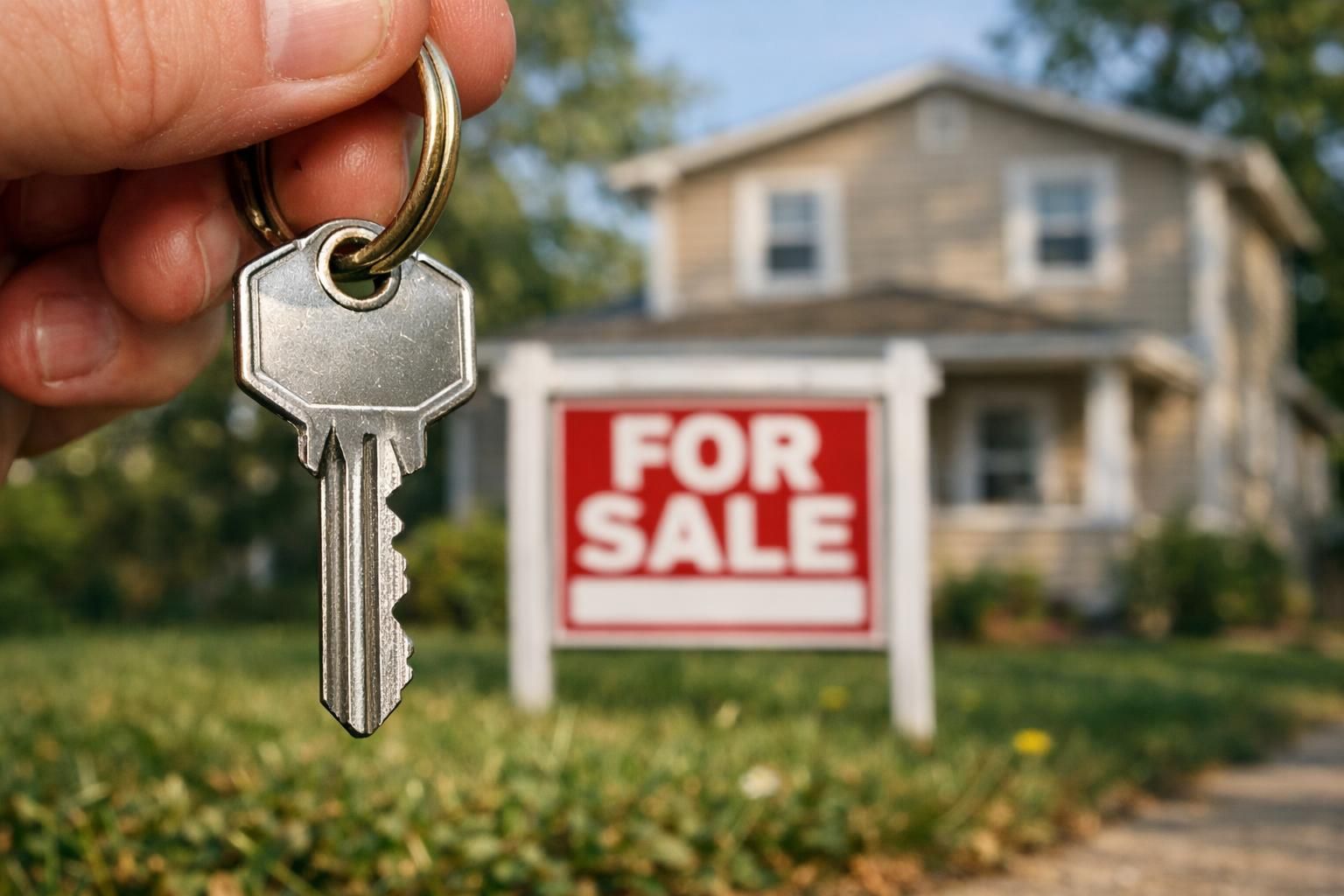 A close-up of a key on a for-sale sign in a yard. A close-up of a key on a for-sale sign in a yard.