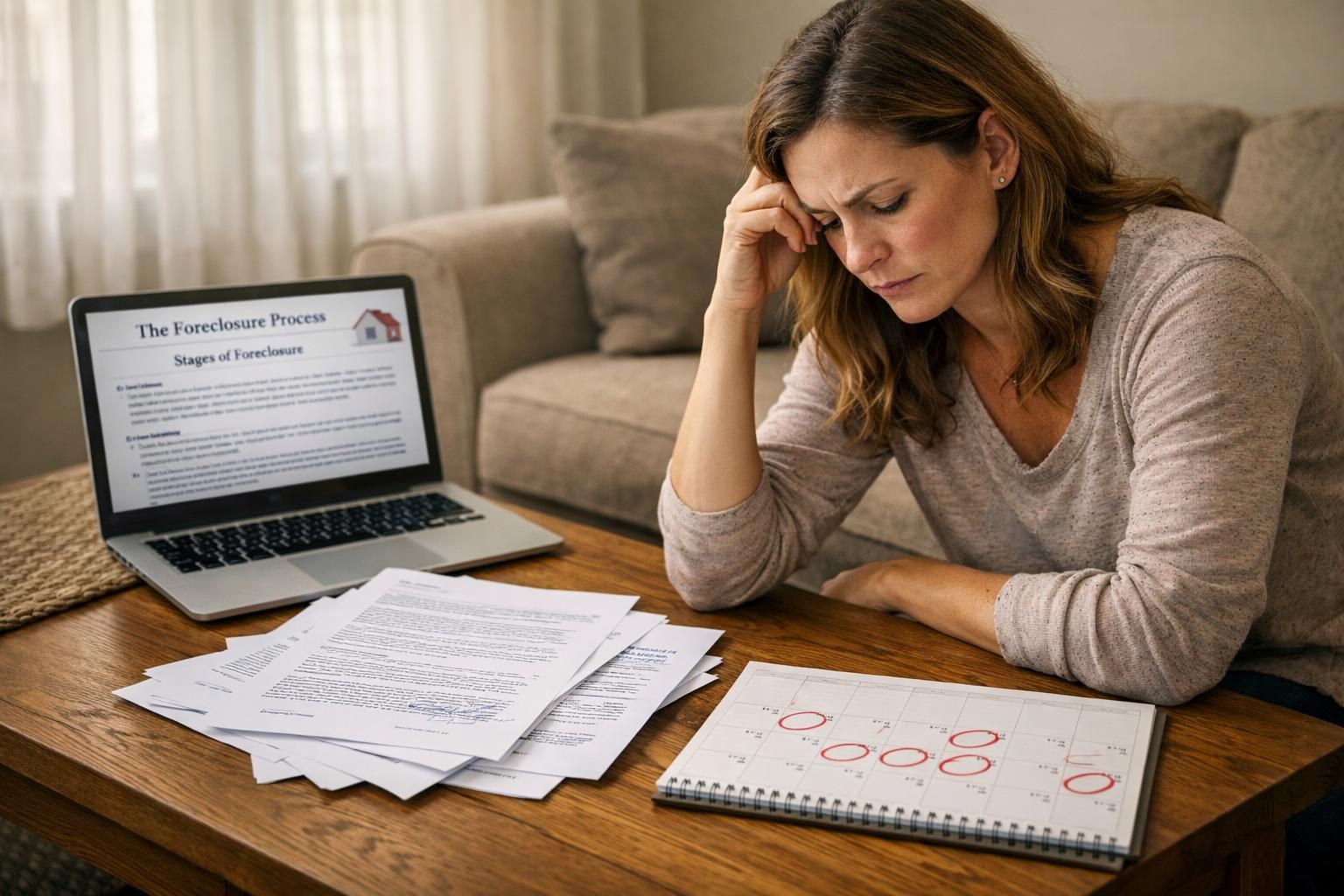 A woman studies mortgage documents in a cozy living room. A woman studies mortgage documents in a cozy living room.
