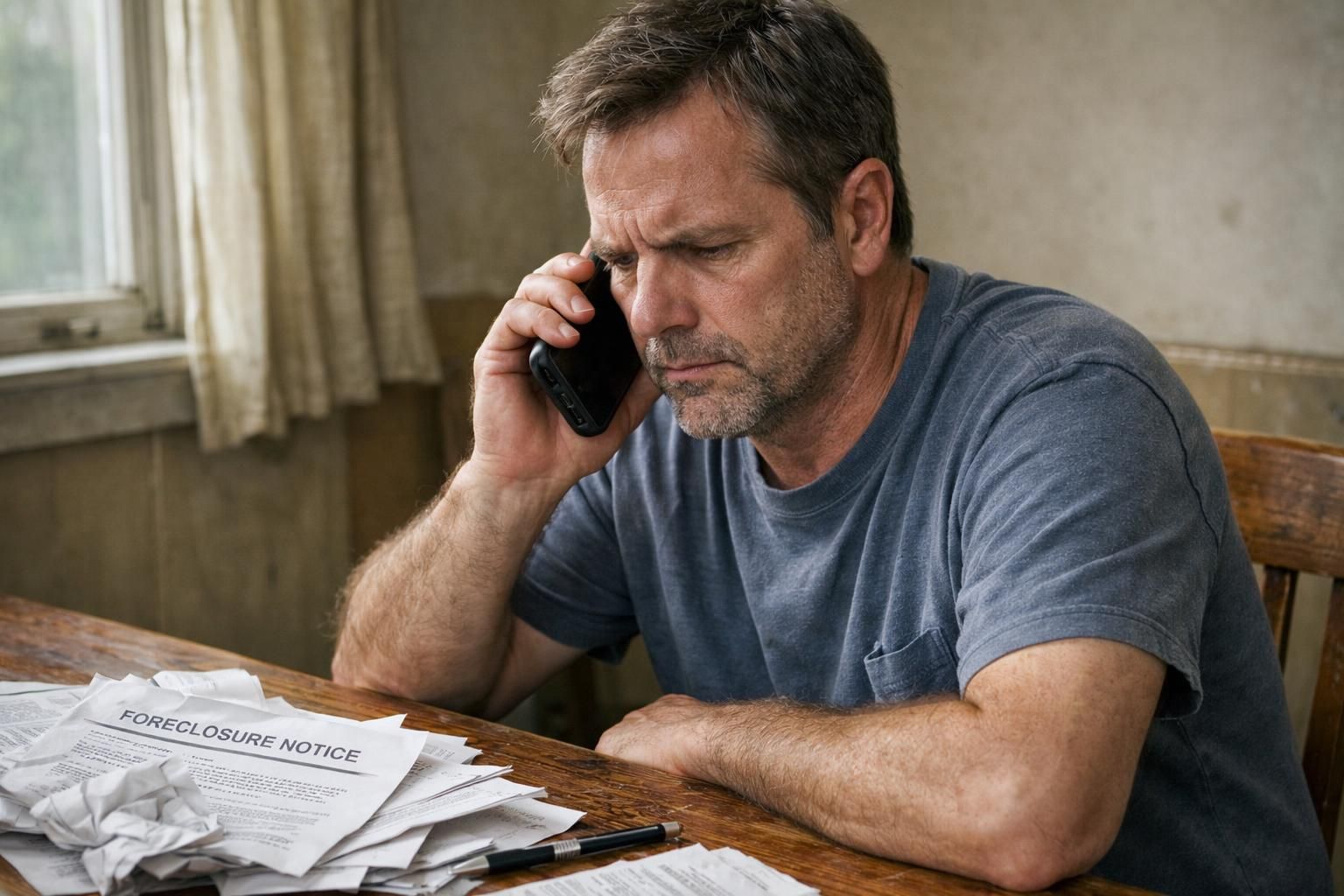 A worried man makes a tense phone call amid legal documents. A worried man makes a tense phone call amid legal documents.