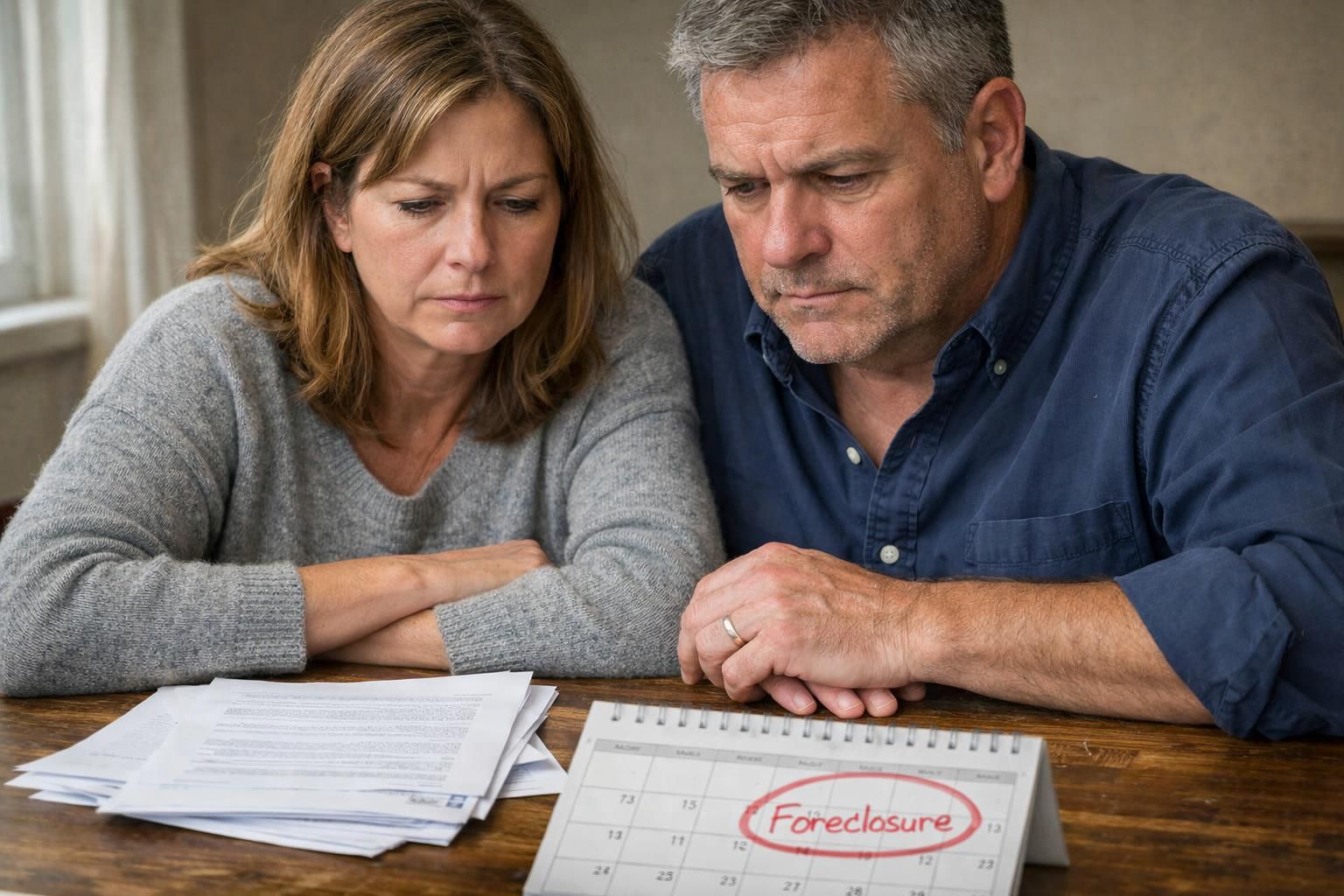 A stressed couple reviews financial documents at a worn wooden table. A stressed couple reviews financial documents at a worn wooden table.