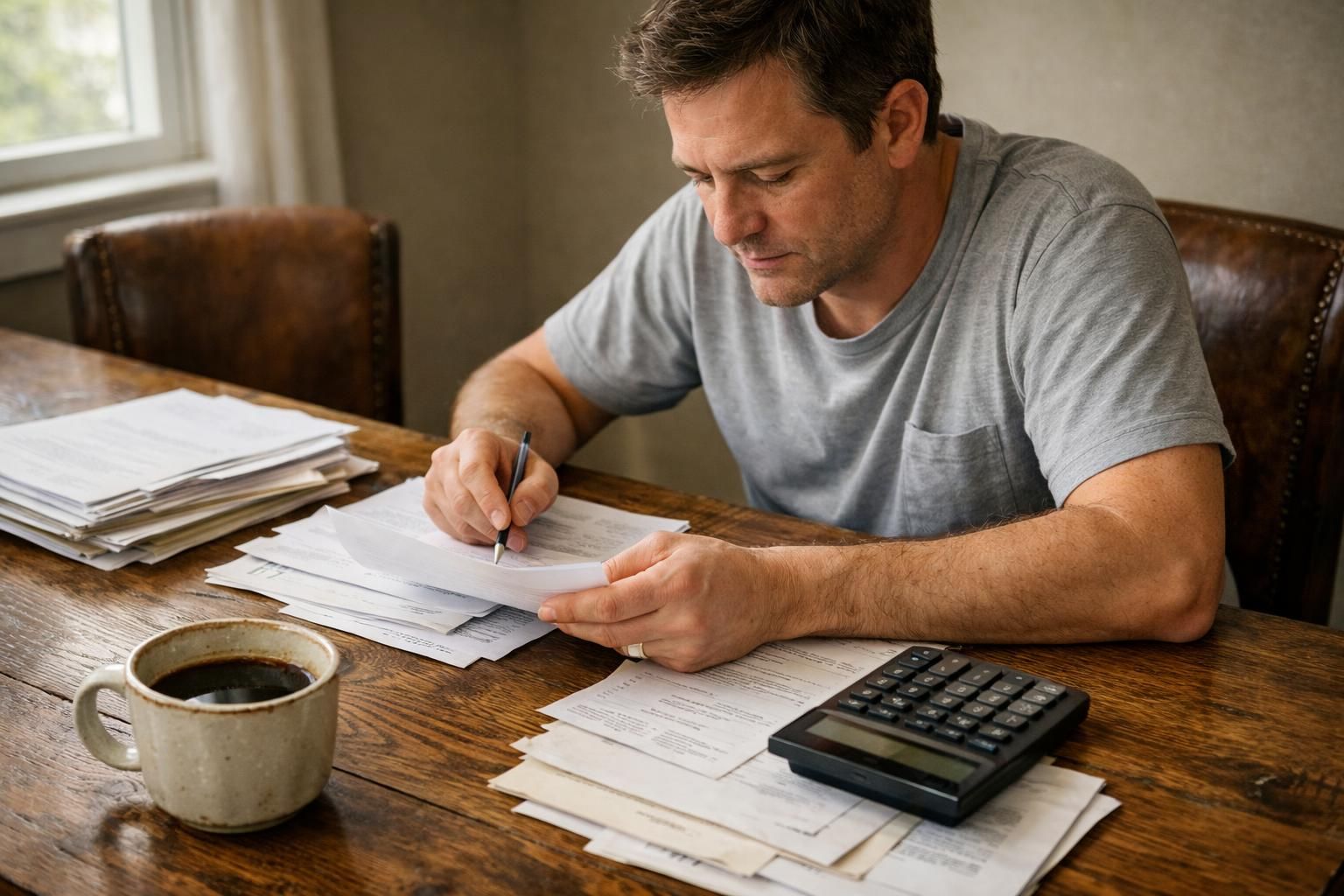 A focused individual reviews paperwork at a rustic dining table.