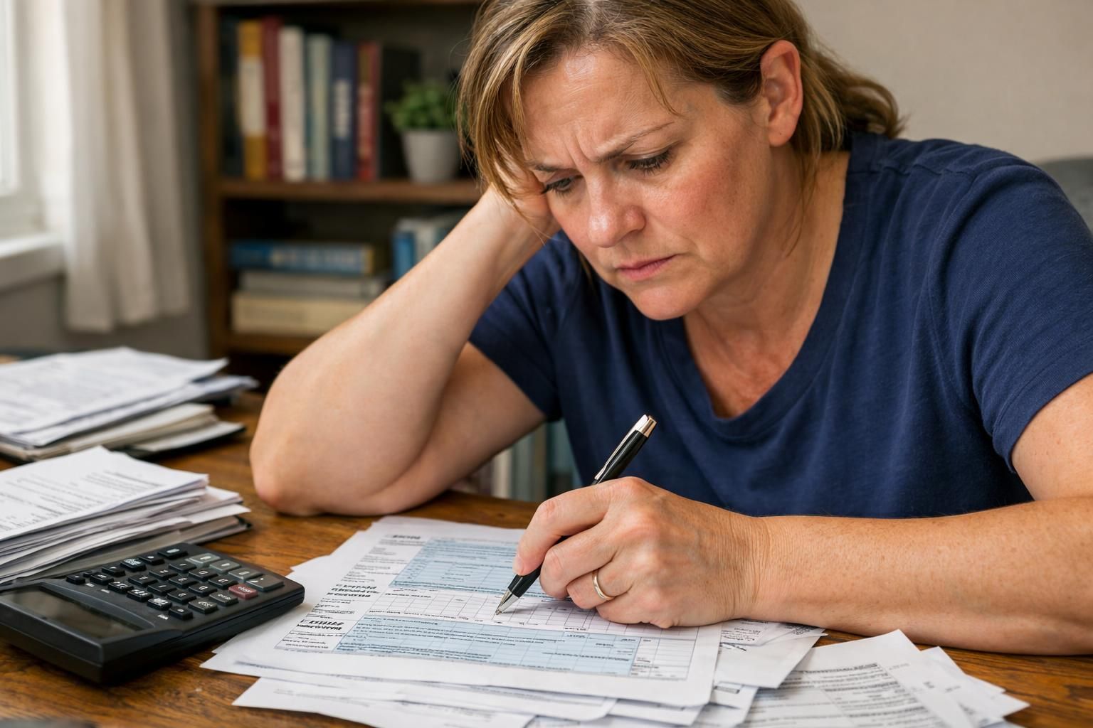 A middle-aged individual focuses intently on financial documents at their desk.