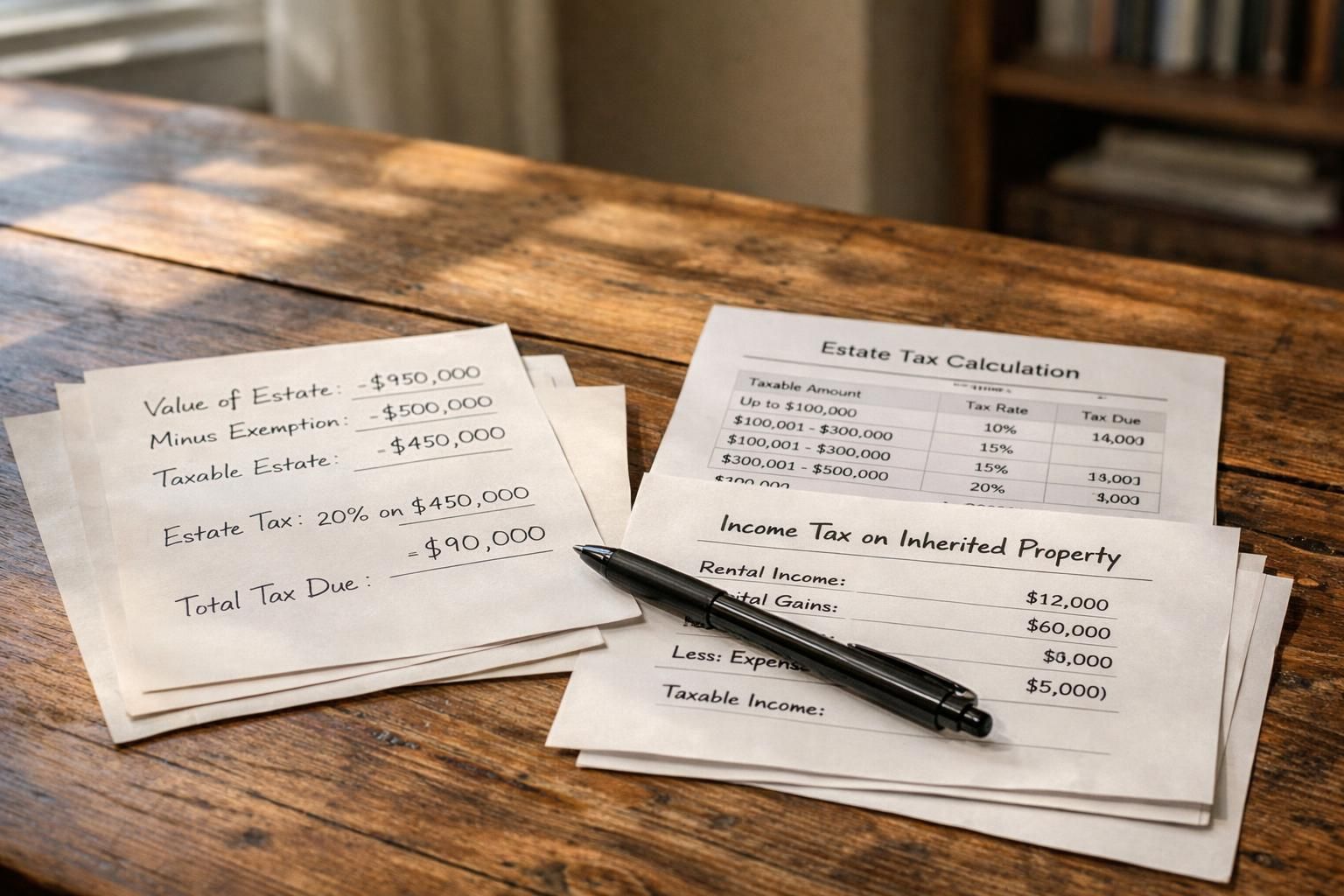 A rustic desk cluttered with handwritten tax documents and a pen.