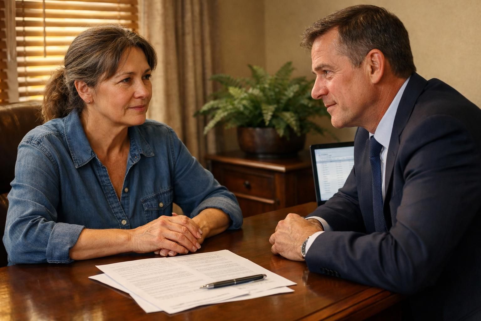 A woman consults a financial advisor in a cozy home office.