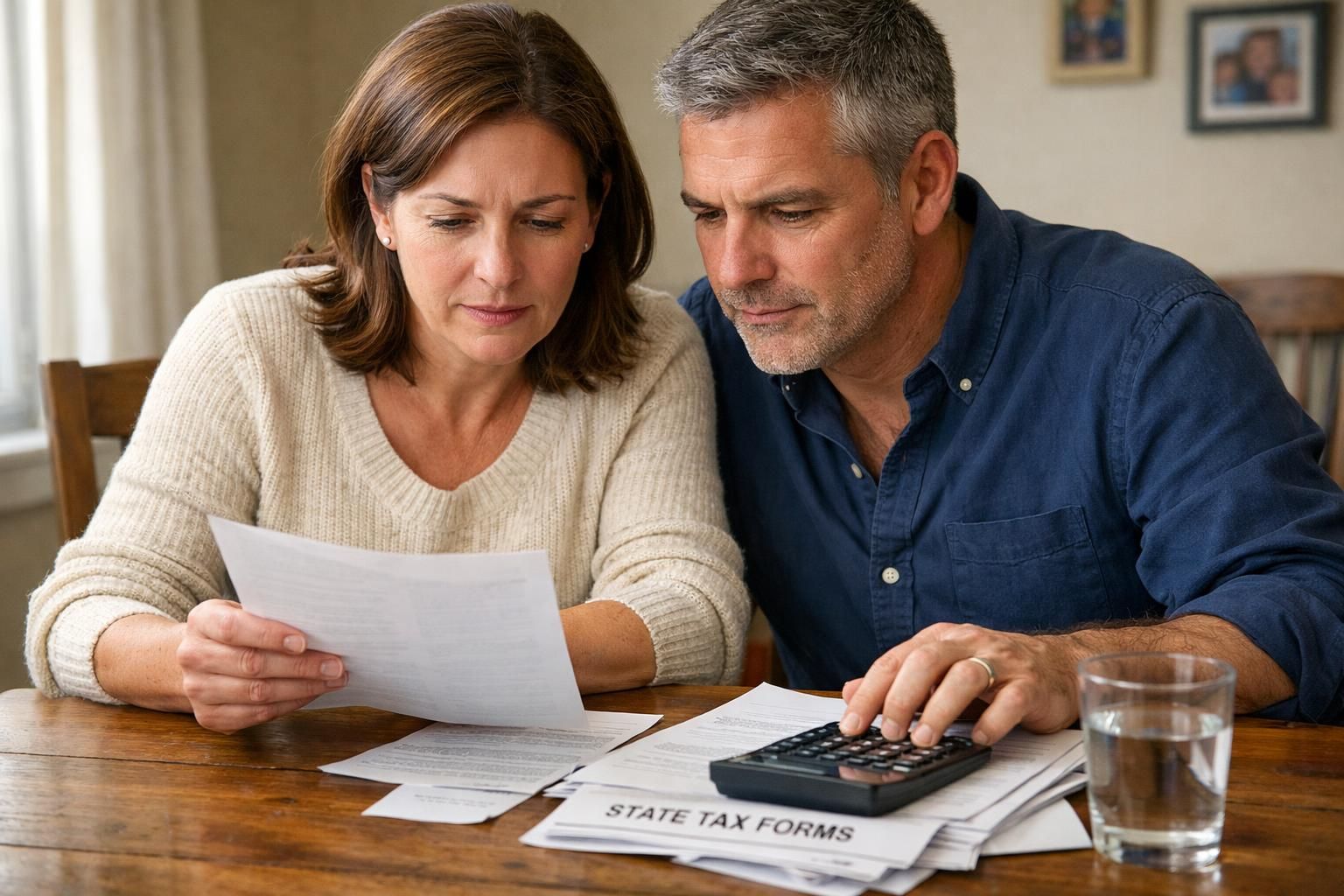 A couple collaborates on tax forms at their dining table.