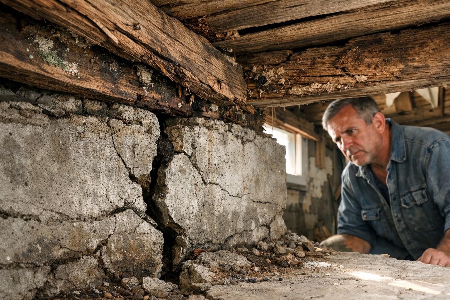 A man inspects extensive damage to a home's foundation and floors.
