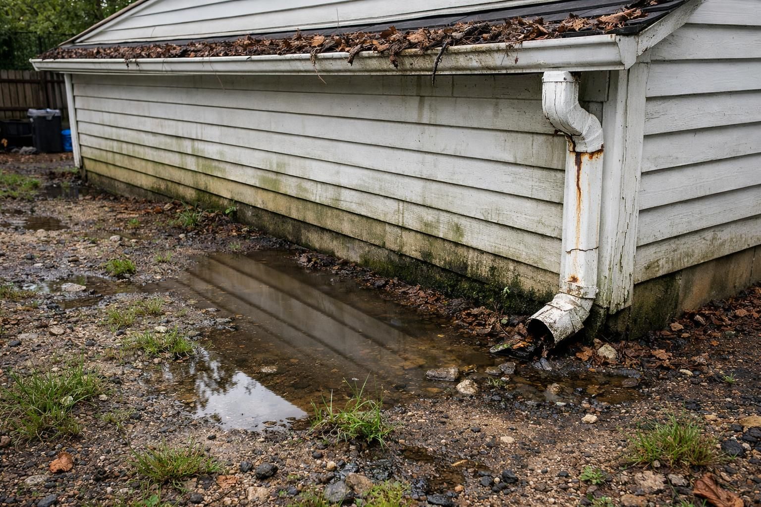 A neglected backyard with soggy soil, clogged gutters, and visible decay.