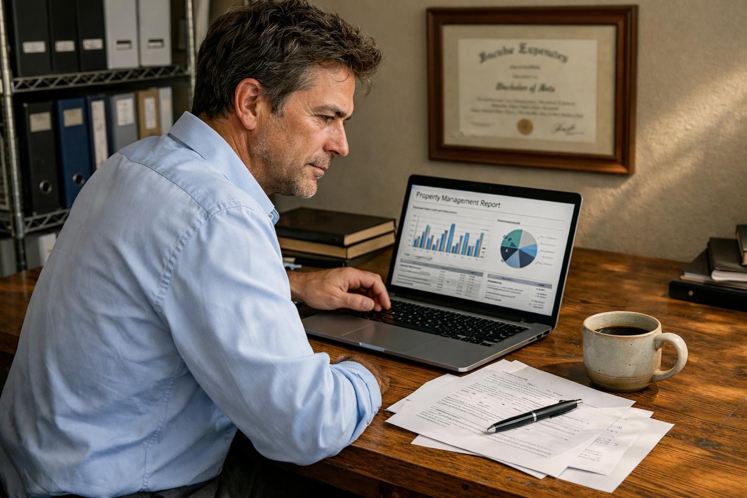 A focused middle-aged man reviews property management reports at his desk.
