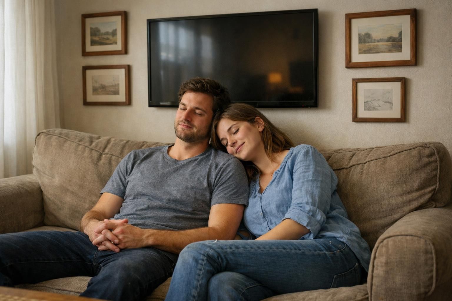 A cozy living room scene with a couple lounging on a sofa.