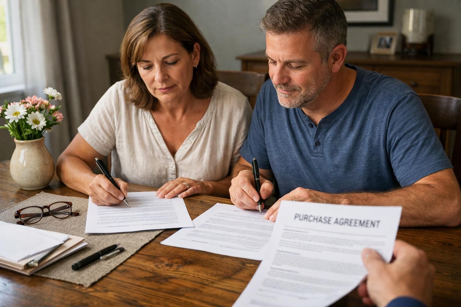 A couple signs paperwork with a cash buyer at their dining table.