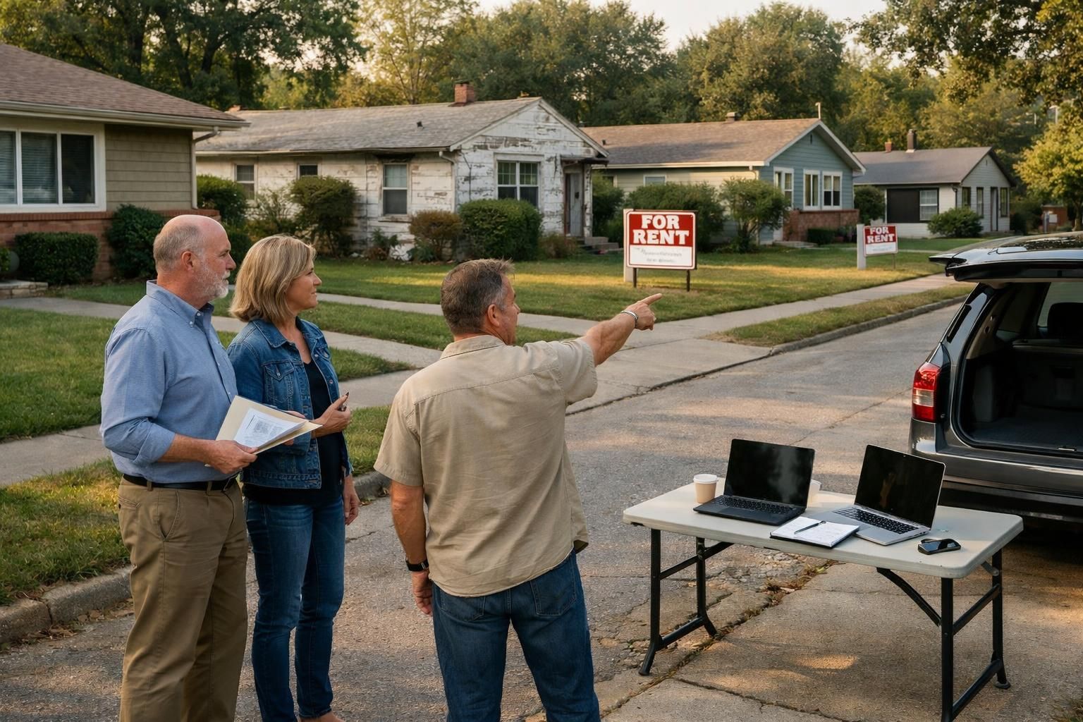 A group discusses rental property negotiations on a suburban street.